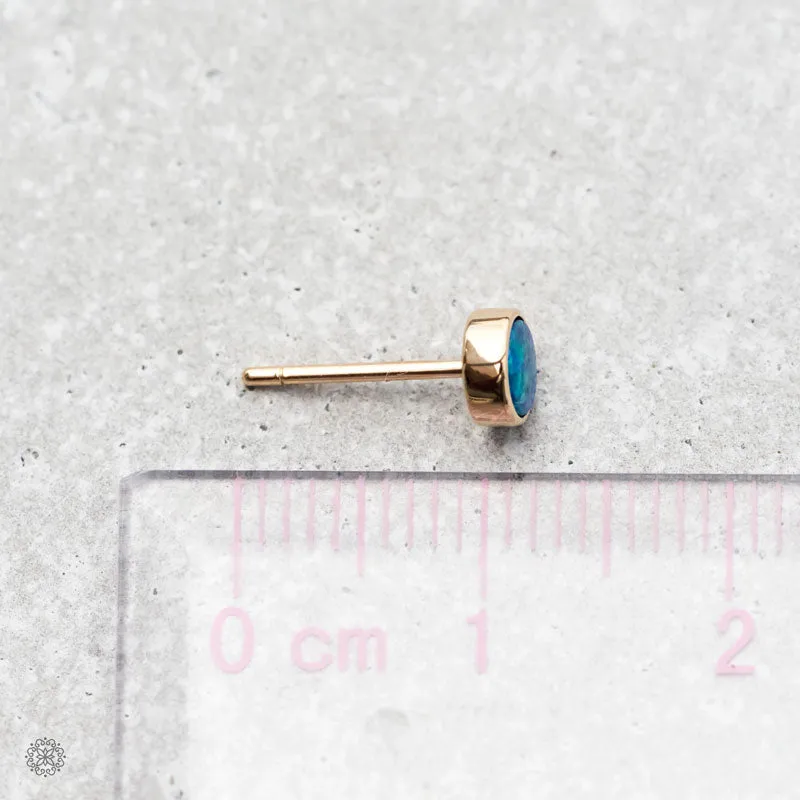 Minimalist Round Australian Doublet Opal Stud Earrings 18k Yellow Gold