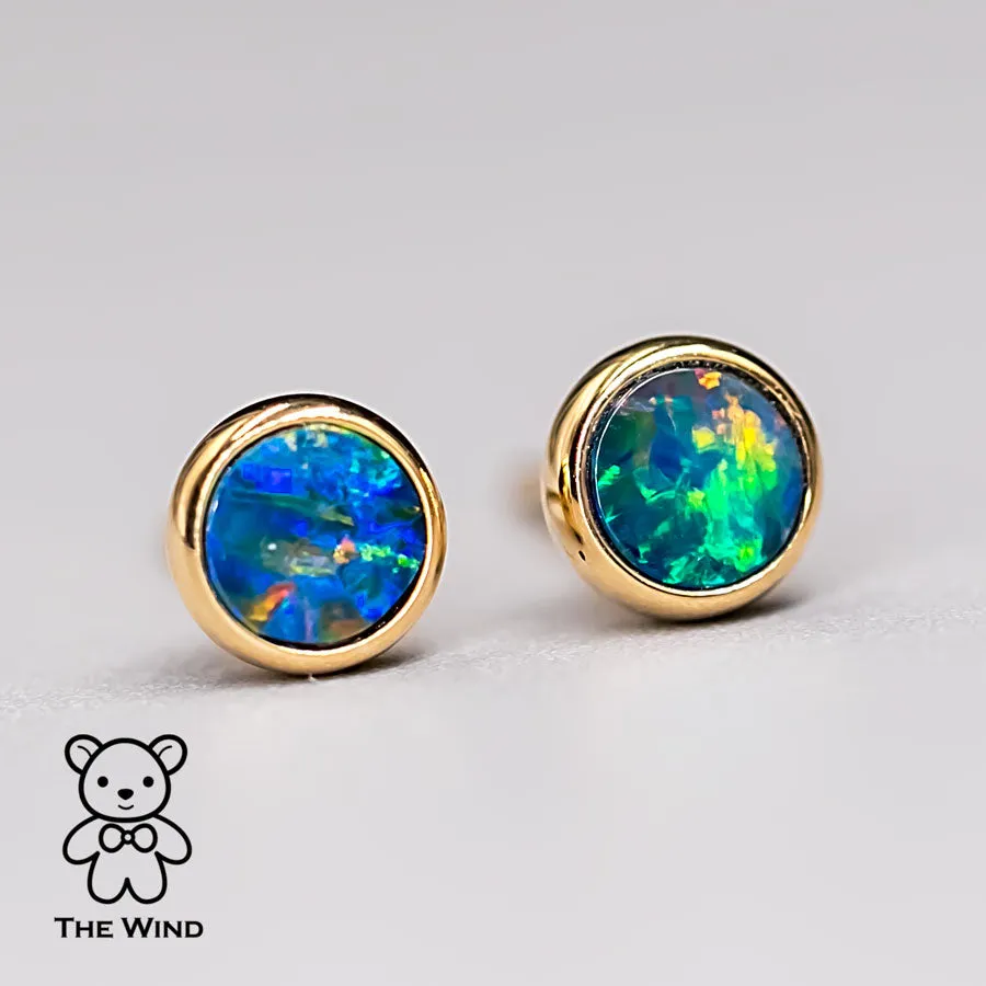 Minimalist Round Australian Doublet Opal Stud Earrings 18k Yellow Gold