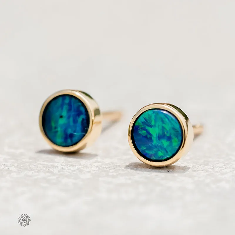 Minimalist Round Australian Doublet Opal Stud Earrings 18k Yellow Gold