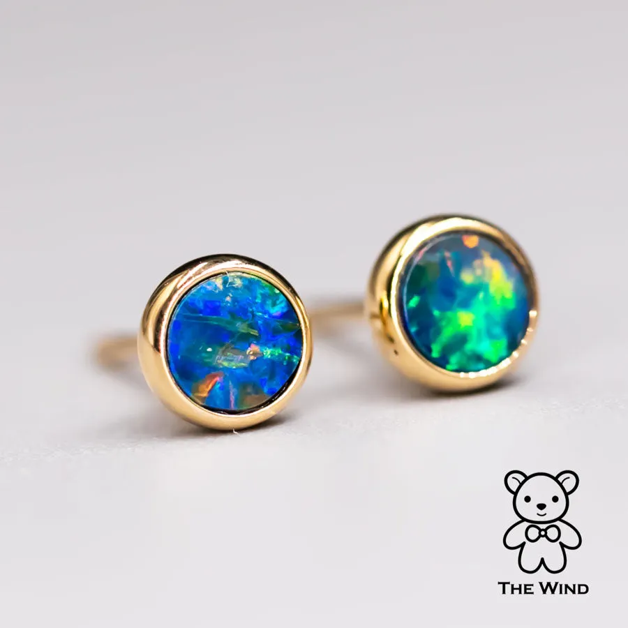Minimalist Round Australian Doublet Opal Stud Earrings 18k Yellow Gold