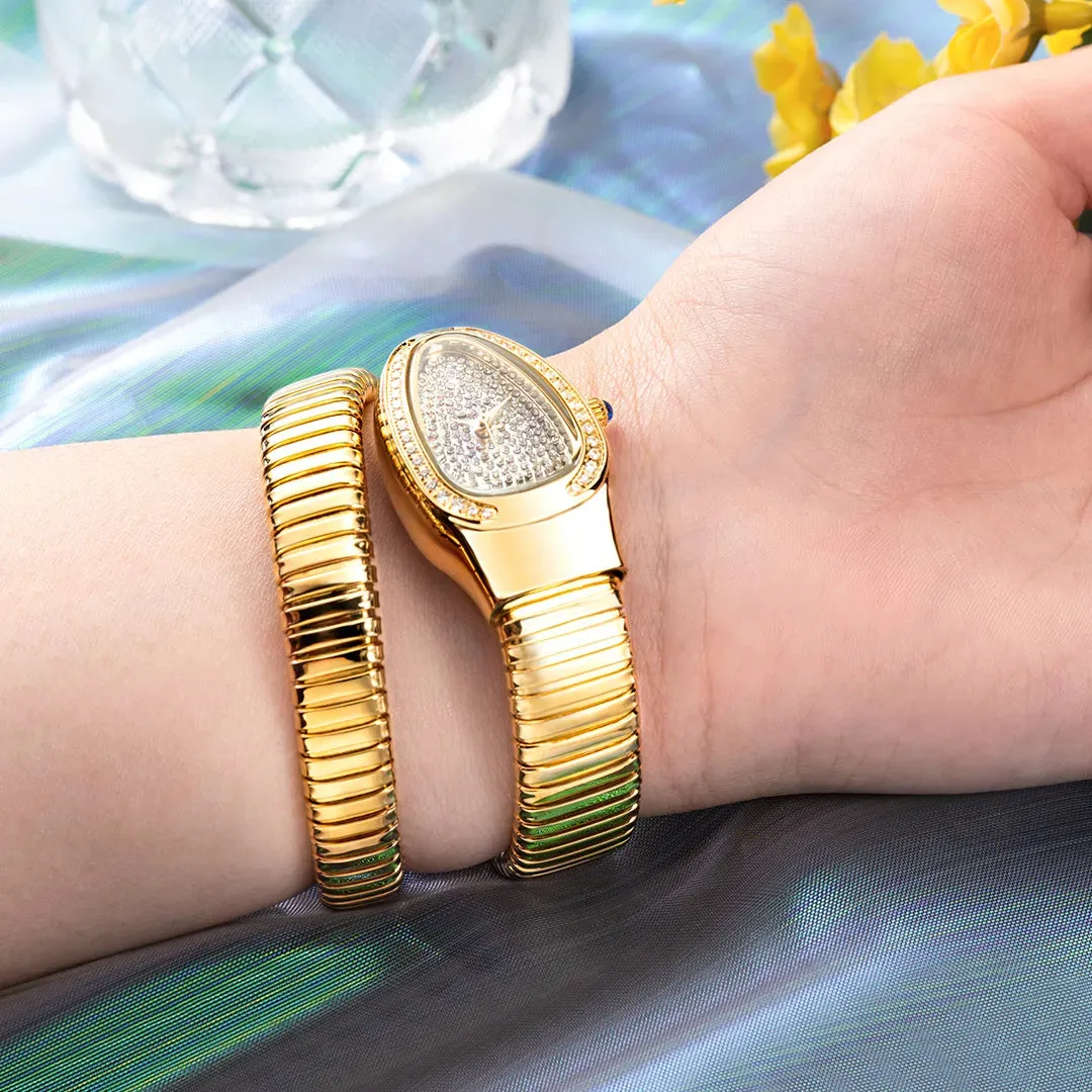 New Snake Design Luxury Wrist Quartz Watch For Women with Lab Diamonds