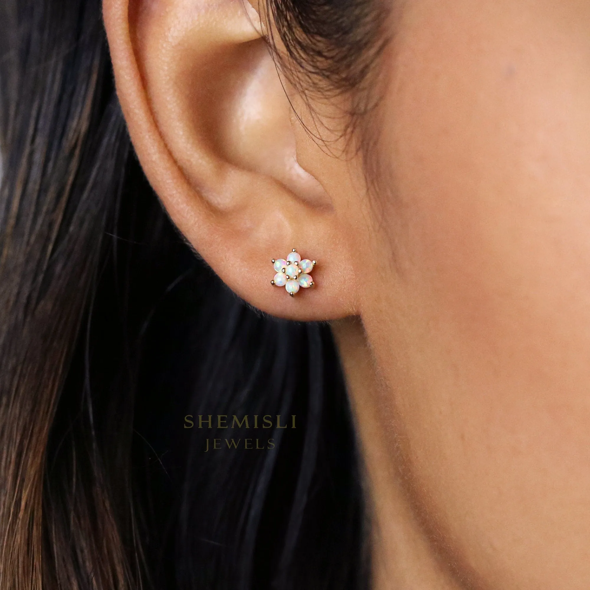 Opal Flower Stud Earrings, Unisex, Gold, Silver SHEMISLI - SS161 Butterfly End, SS460 Screw Ball End (Type A)