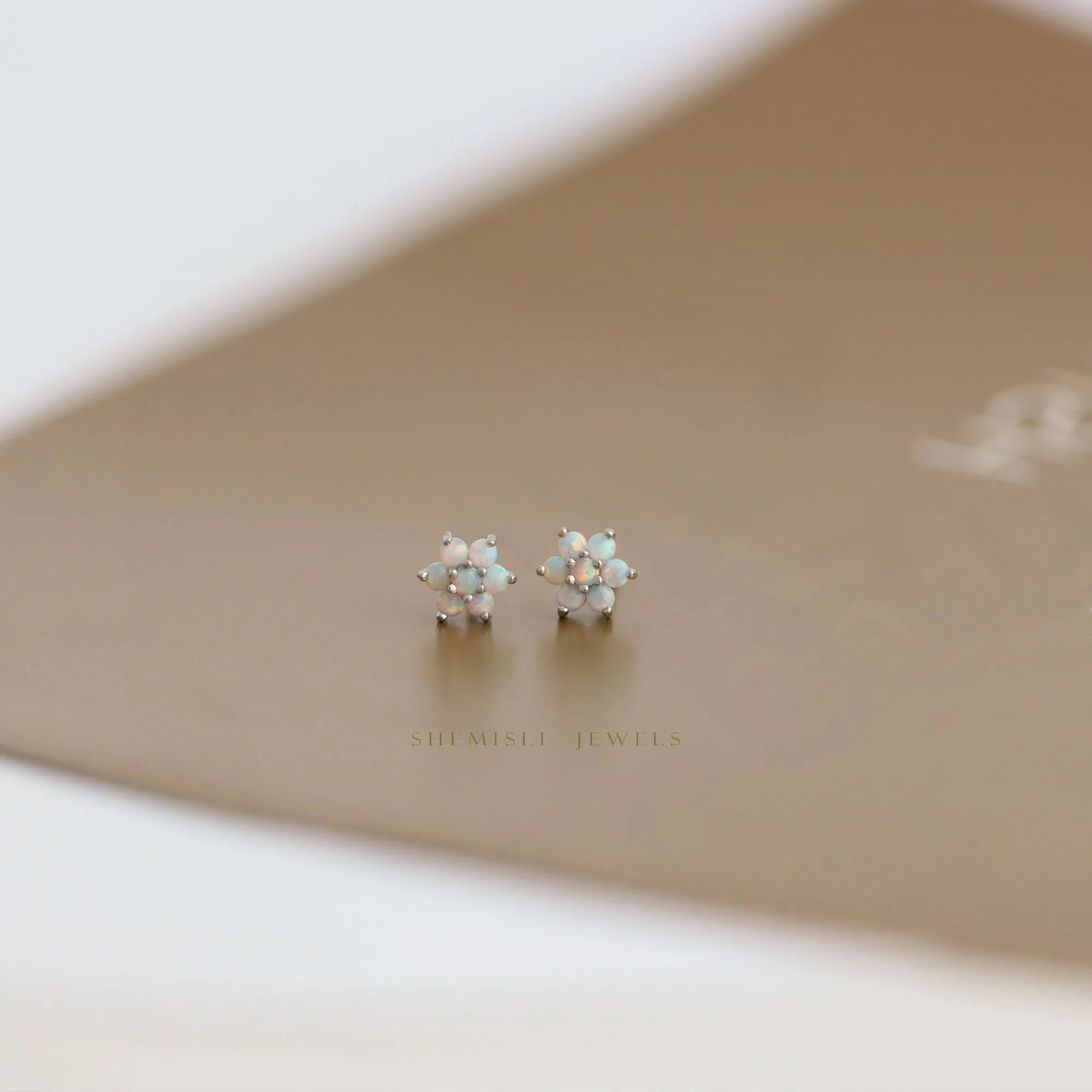 Opal Flower Stud Earrings, Unisex, Gold, Silver SHEMISLI - SS161 Butterfly End, SS460 Screw Ball End (Type A)