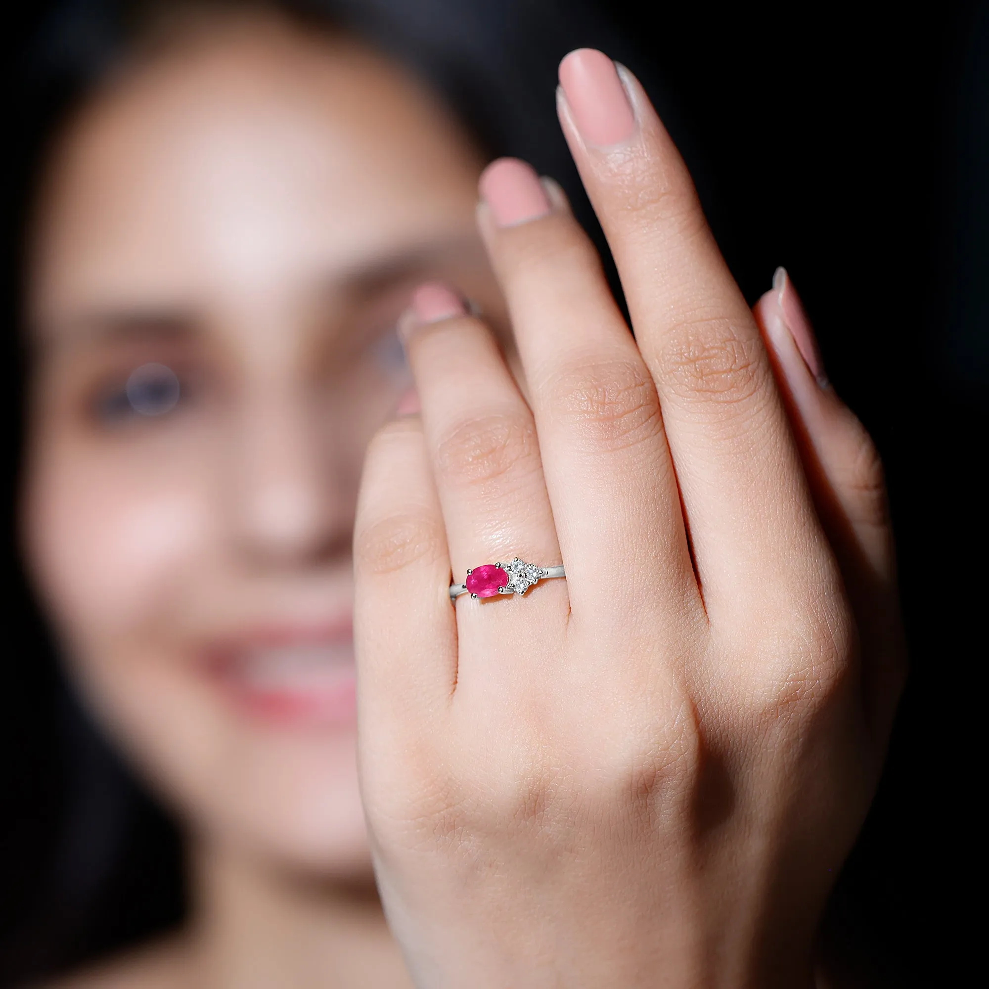 Oval Cut Ruby Promise Ring with Diamond Trio
