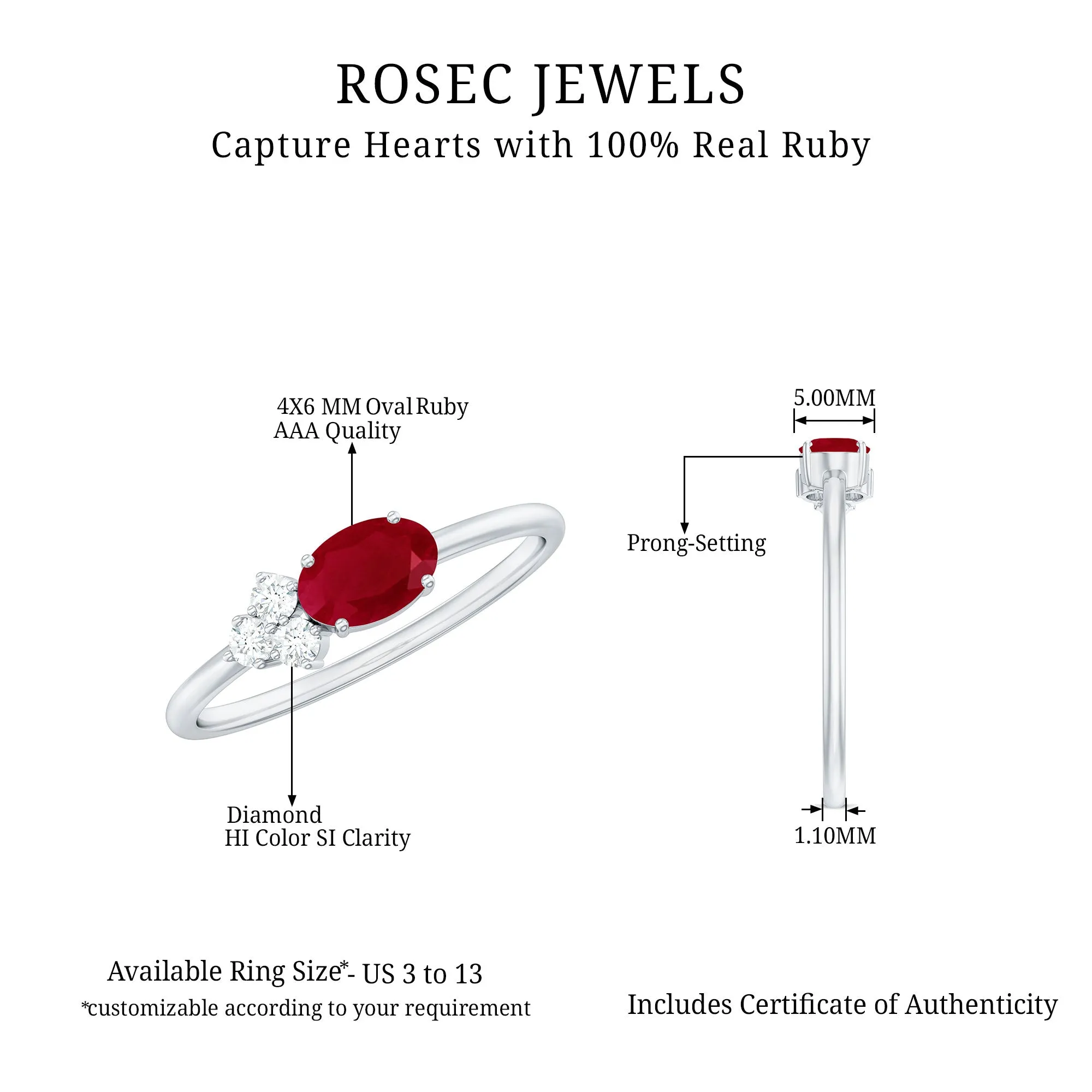 Oval Cut Ruby Promise Ring with Diamond Trio
