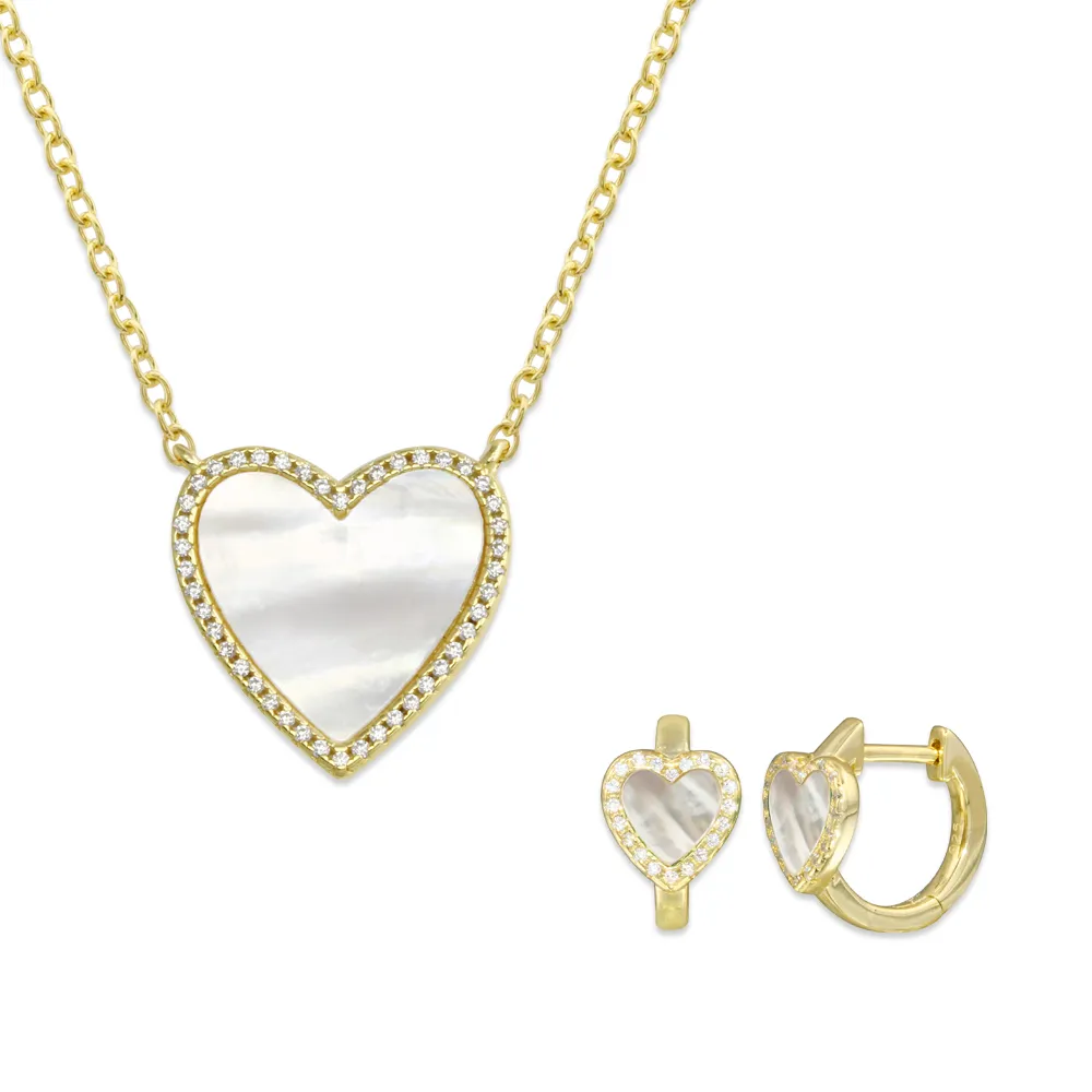 Pave Outline Stone Heart Necklace   Pave Outline Stone Heart Huggies
