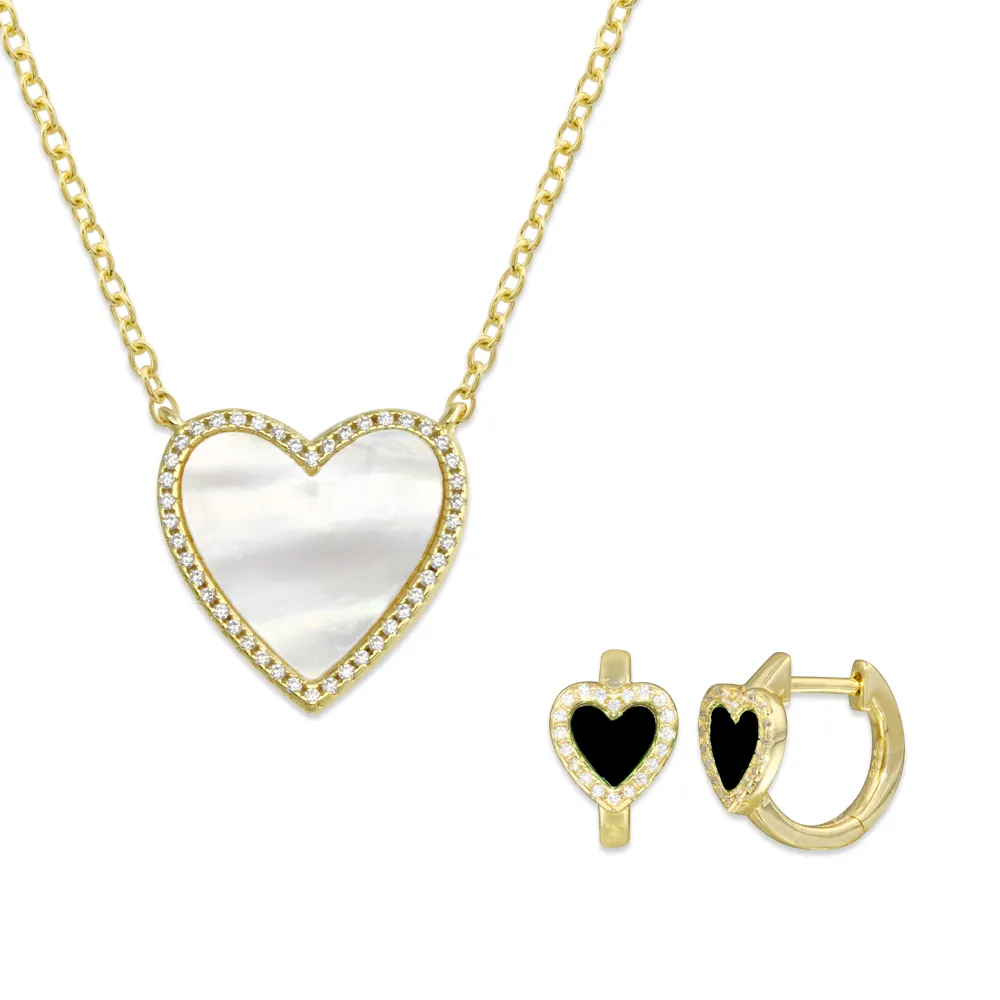 Pave Outline Stone Heart Necklace   Pave Outline Stone Heart Huggies