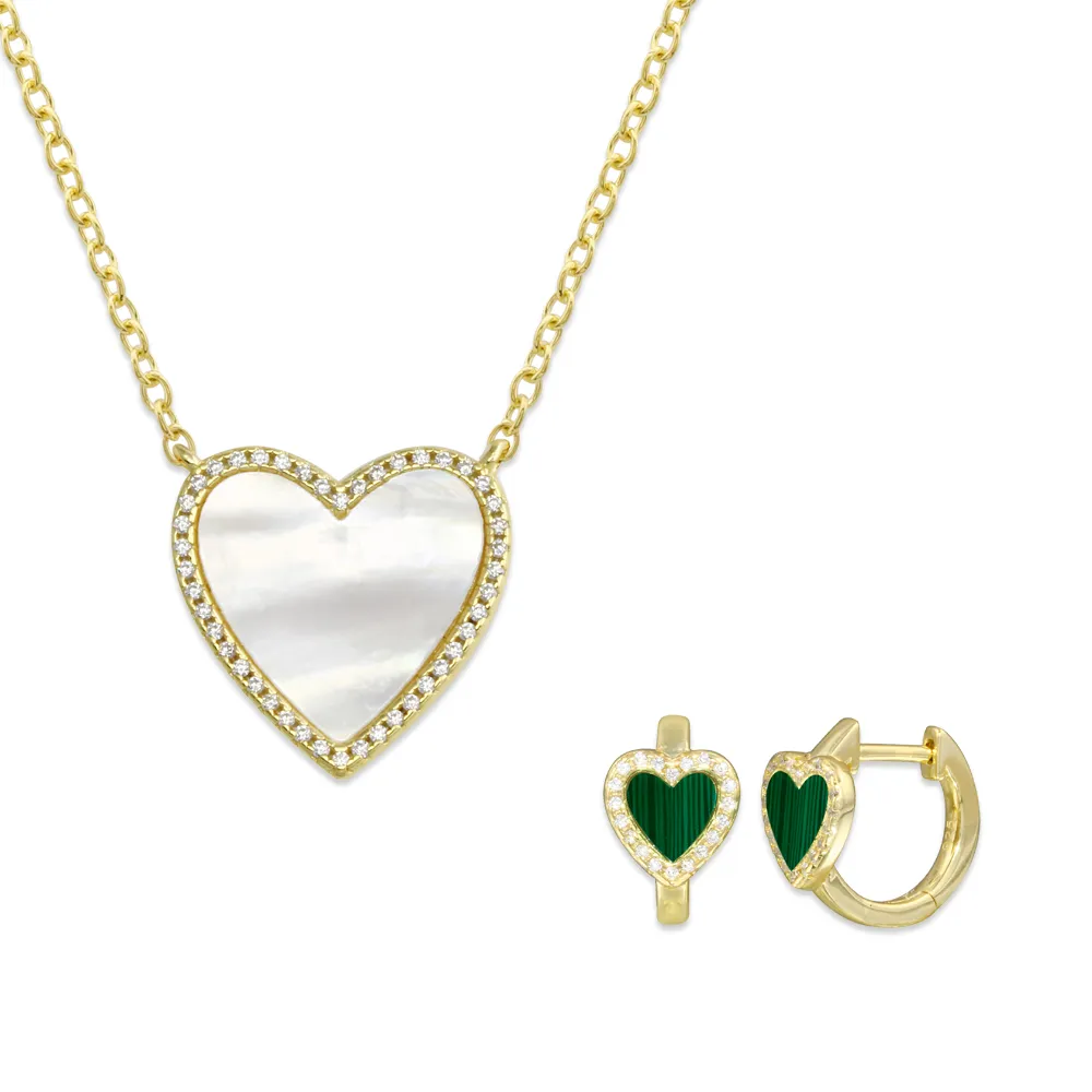 Pave Outline Stone Heart Necklace   Pave Outline Stone Heart Huggies