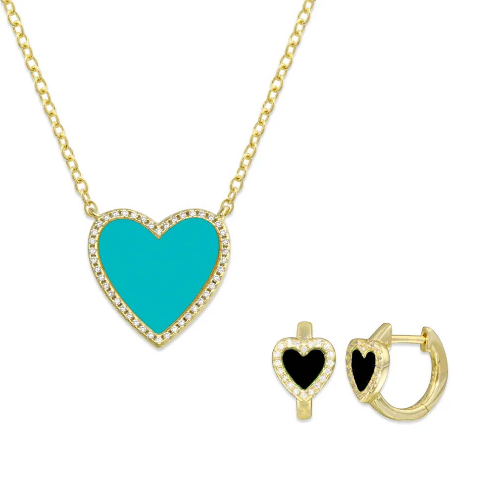 Pave Outline Stone Heart Necklace   Pave Outline Stone Heart Huggies