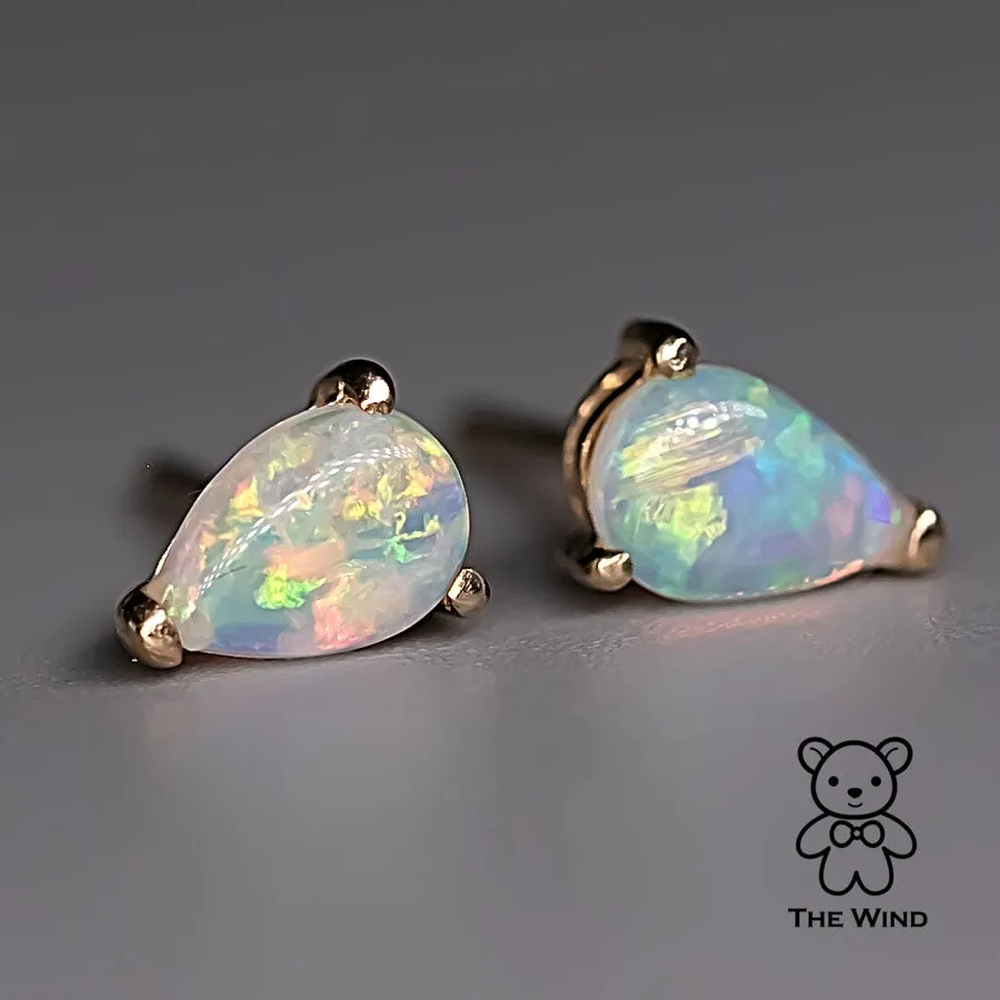 Pear Shaped Australian Solid Opal Stud Earrings 14K Yellow Gold