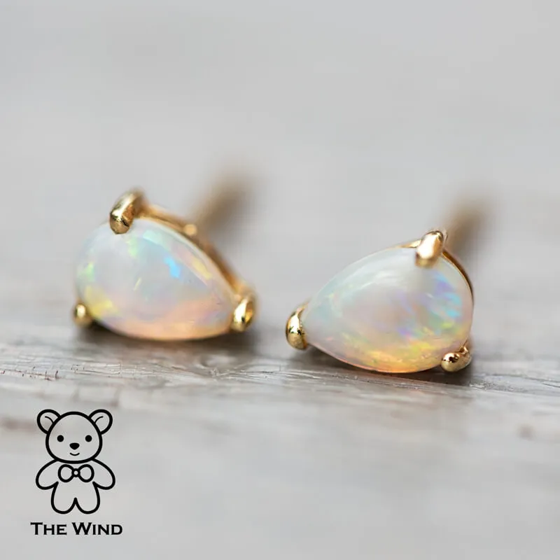 Pear Shaped Australian Solid Opal Stud Earrings 14K Yellow Gold