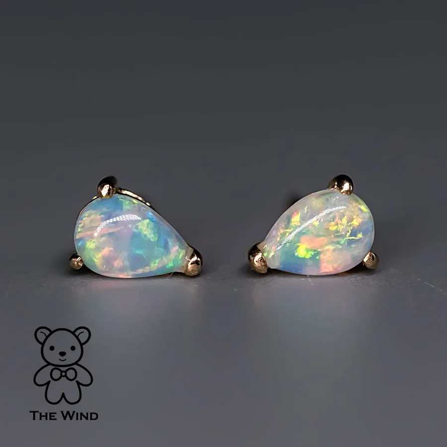Pear Shaped Australian Solid Opal Stud Earrings 14K Yellow Gold