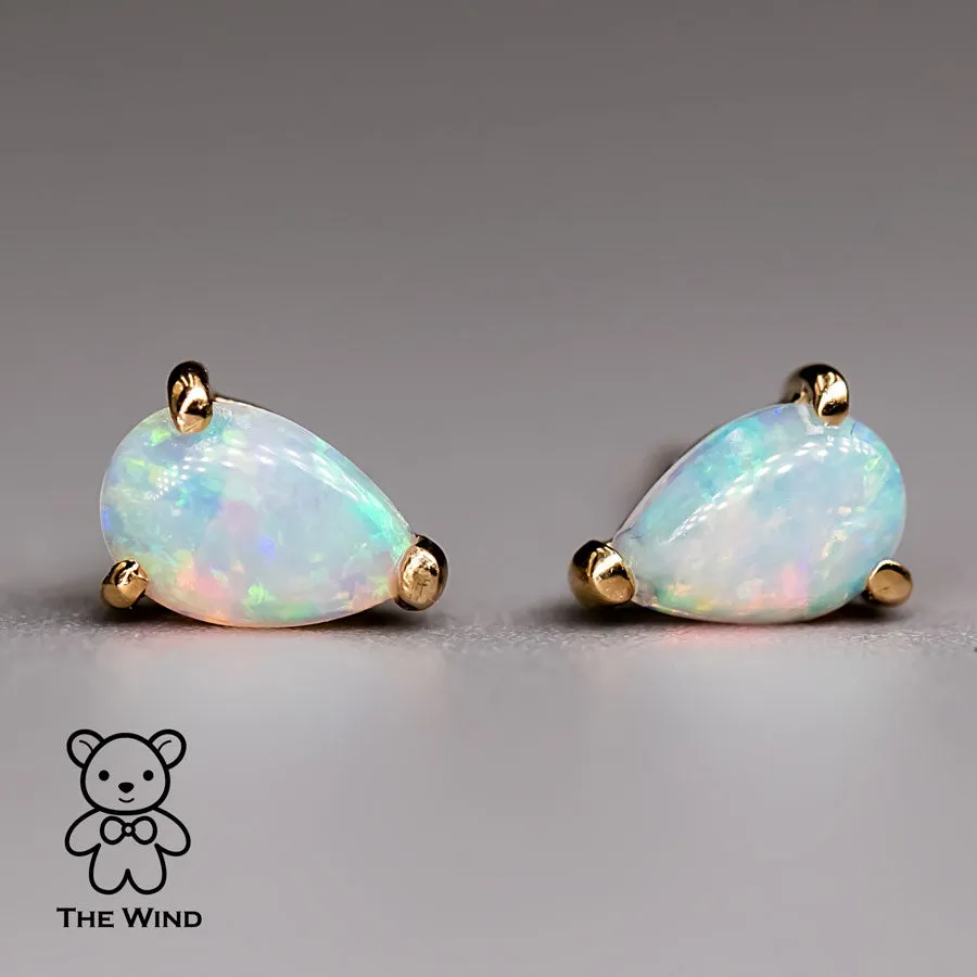 Pear Shaped Australian Solid Opal Stud Earrings 14K Yellow Gold