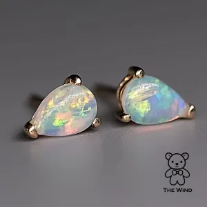 Pear Shaped Australian Solid Opal Stud Earrings 14K Yellow Gold