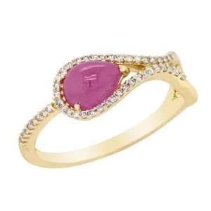 PEAR SHAPED CABOCHON CUT RUBY AND DIAMOND RING, .14 CT TW