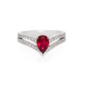 Pear Shaped Ruby and Diamond Ring in 18K White Gold