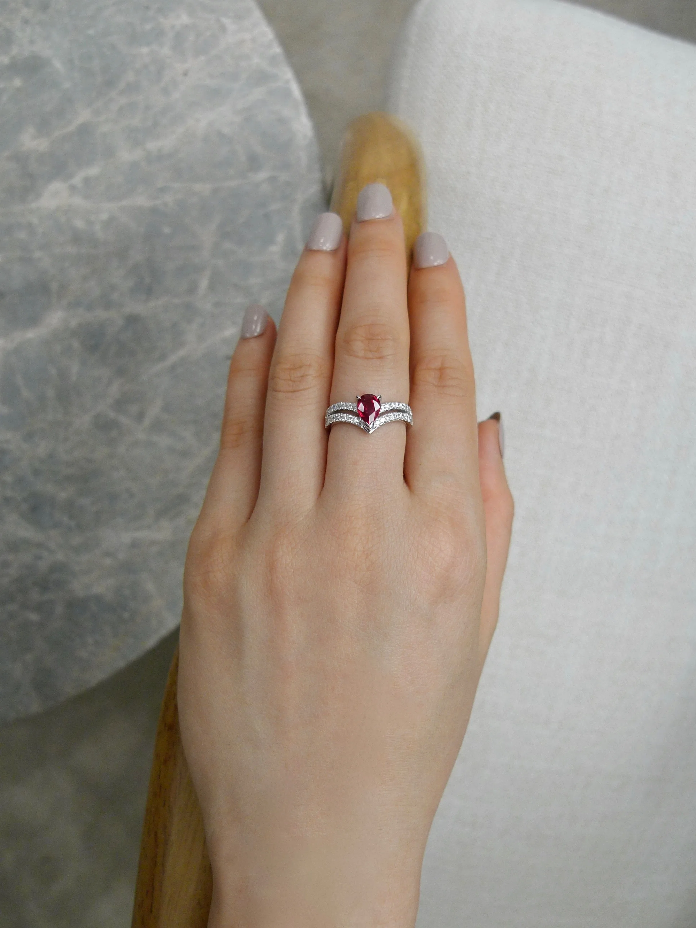 Pear Shaped Ruby and Diamond Ring in 18K White Gold