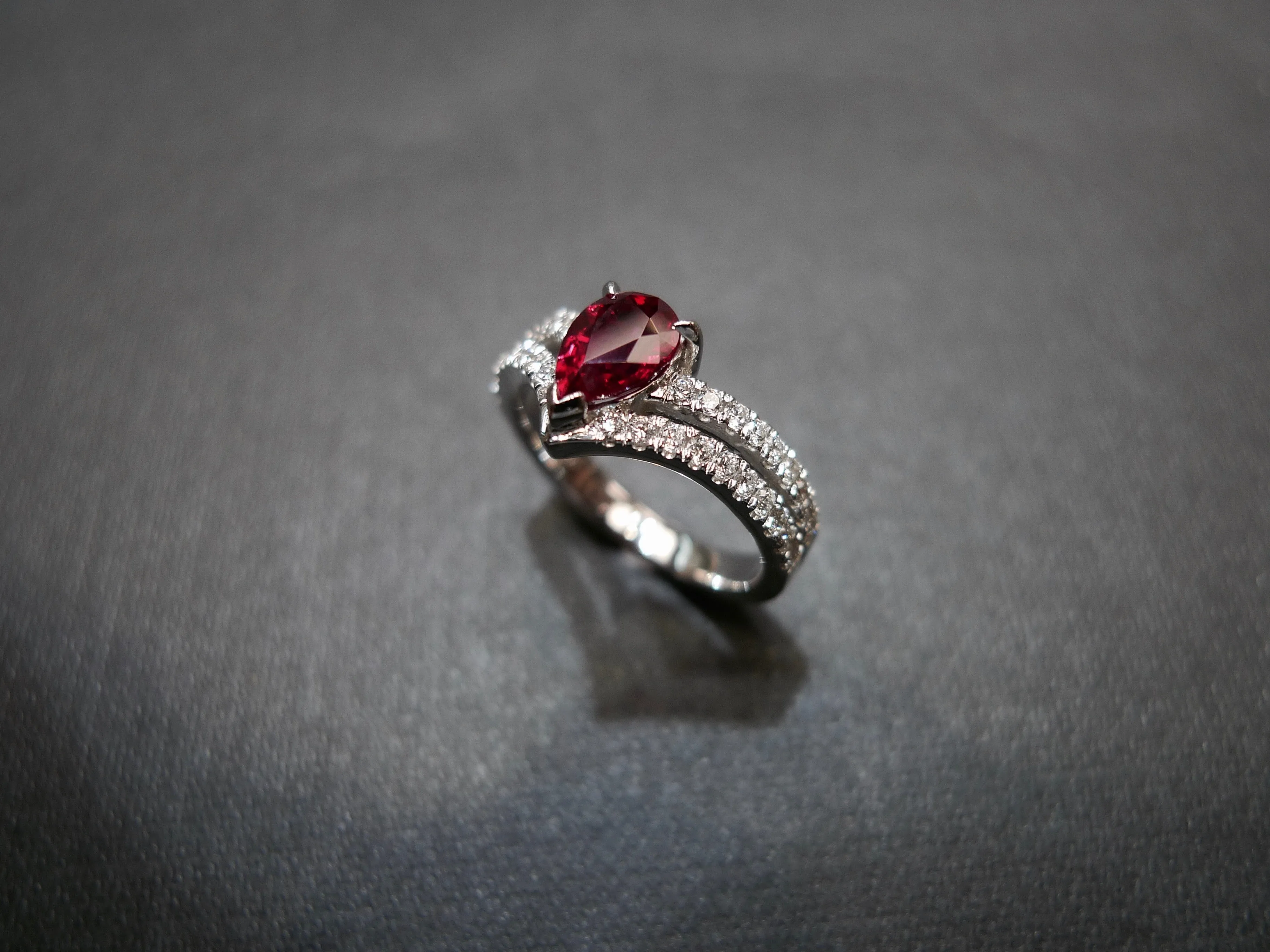 Pear Shaped Ruby and Diamond Ring in 18K White Gold