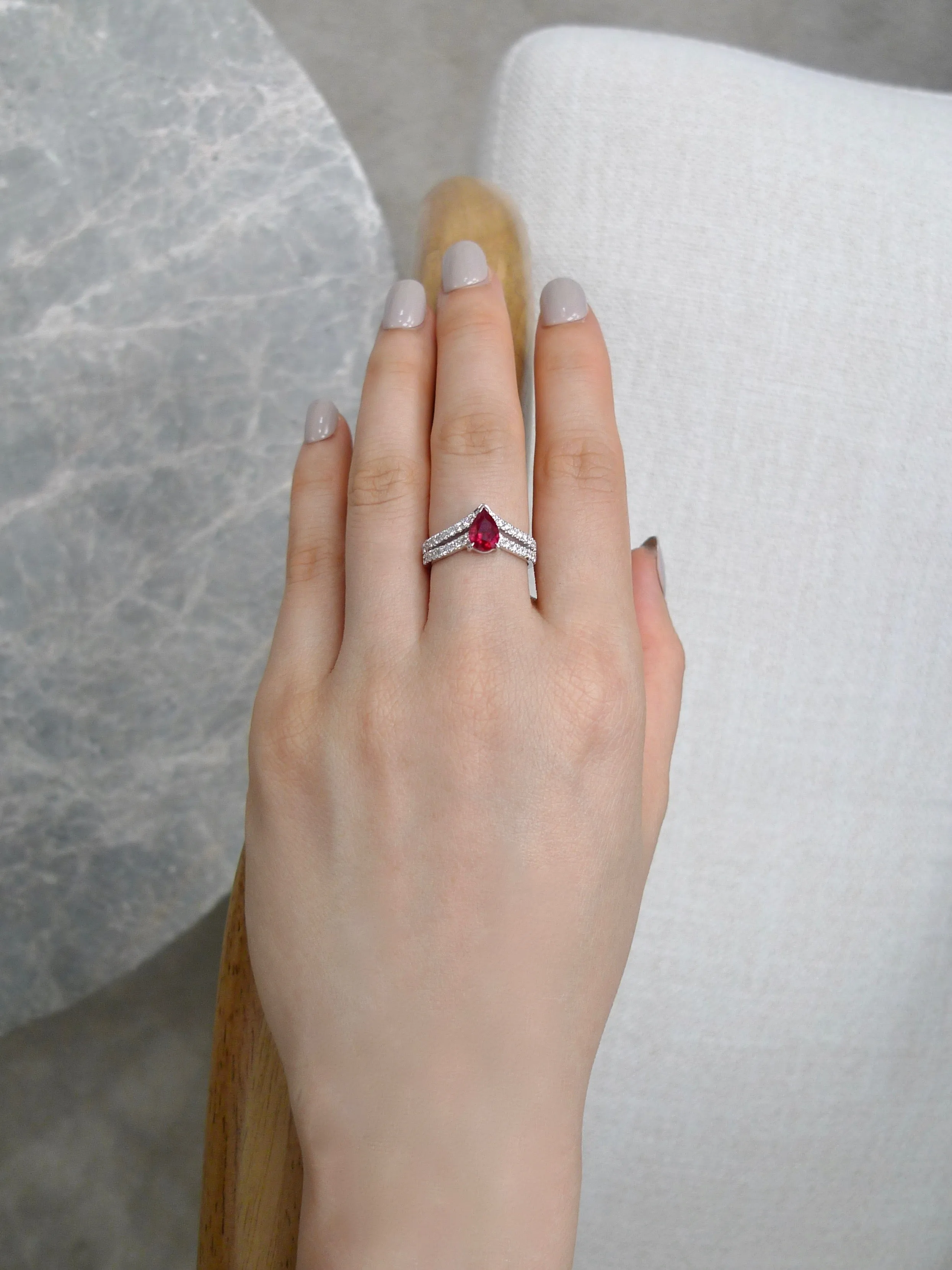 Pear Shaped Ruby and Diamond Ring in 18K White Gold