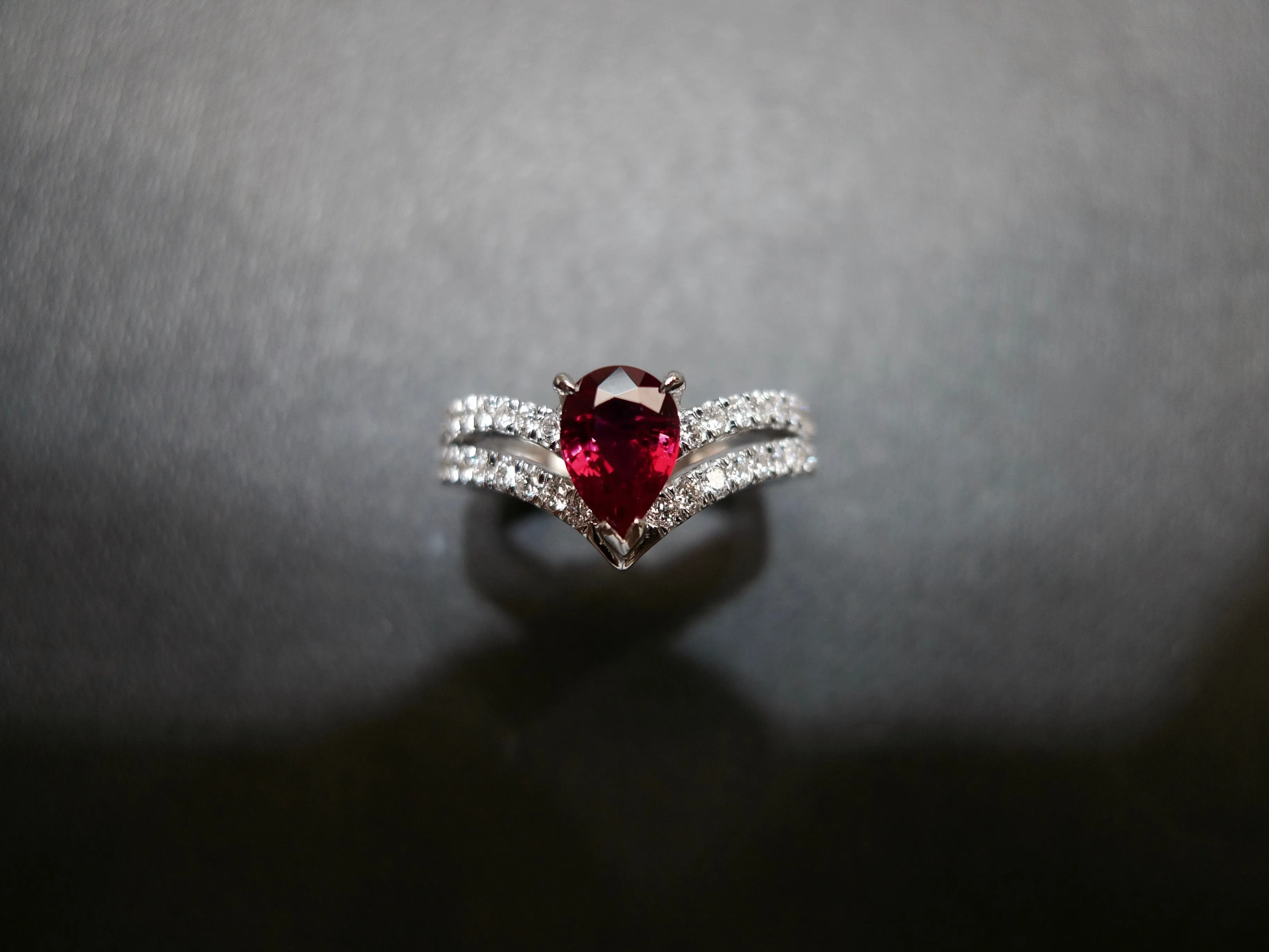 Pear Shaped Ruby and Diamond Ring in 18K White Gold