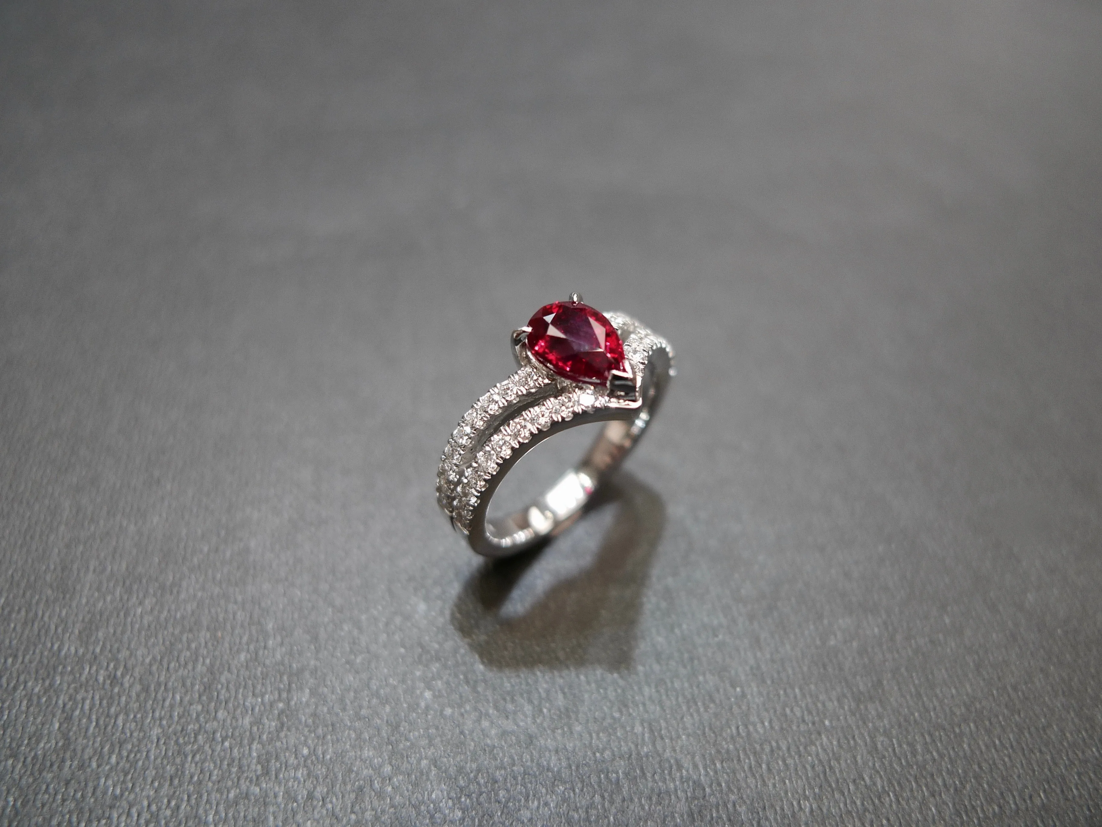 Pear Shaped Ruby and Diamond Ring in 18K White Gold