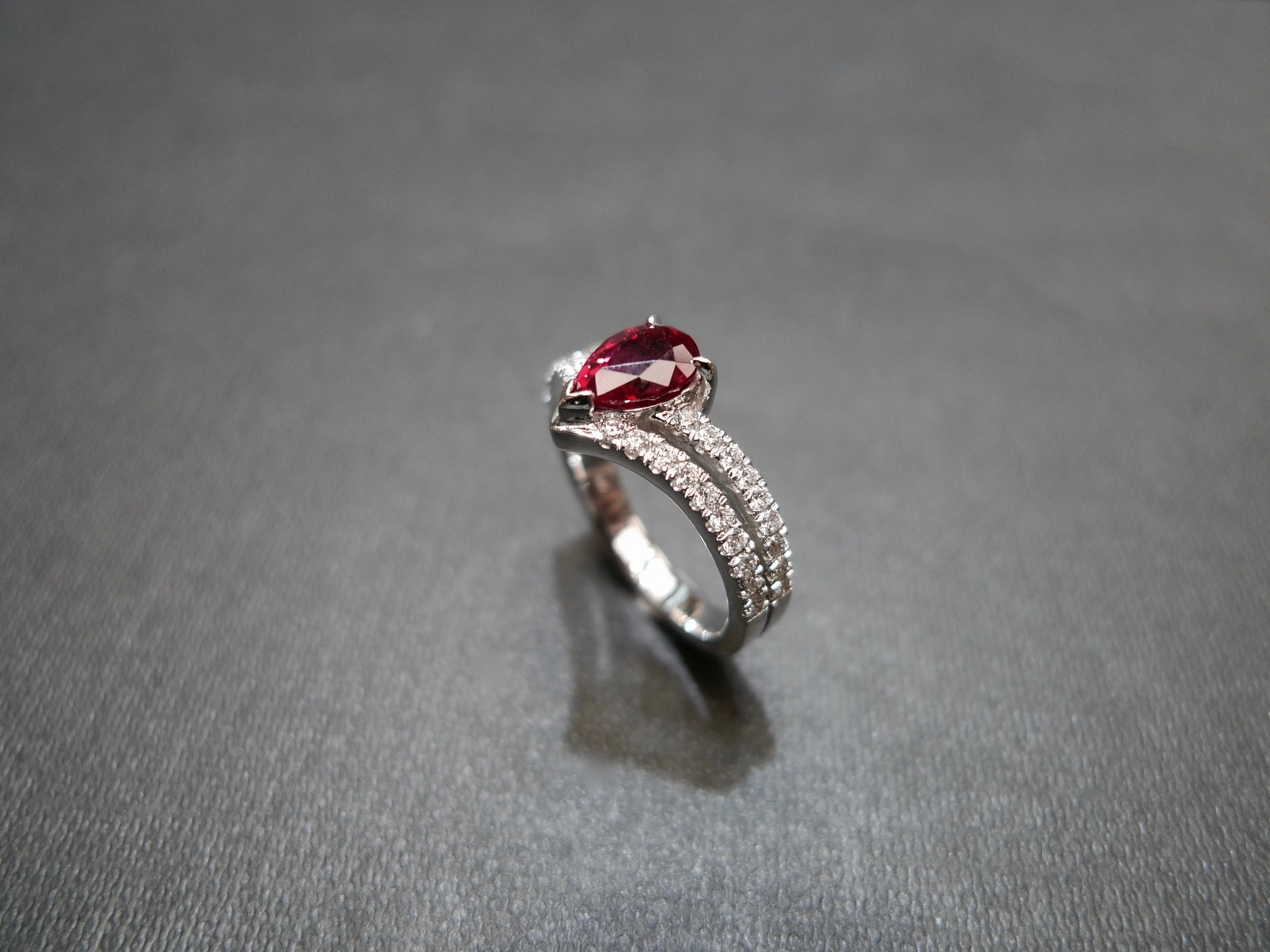 Pear Shaped Ruby and Diamond Ring in 18K White Gold