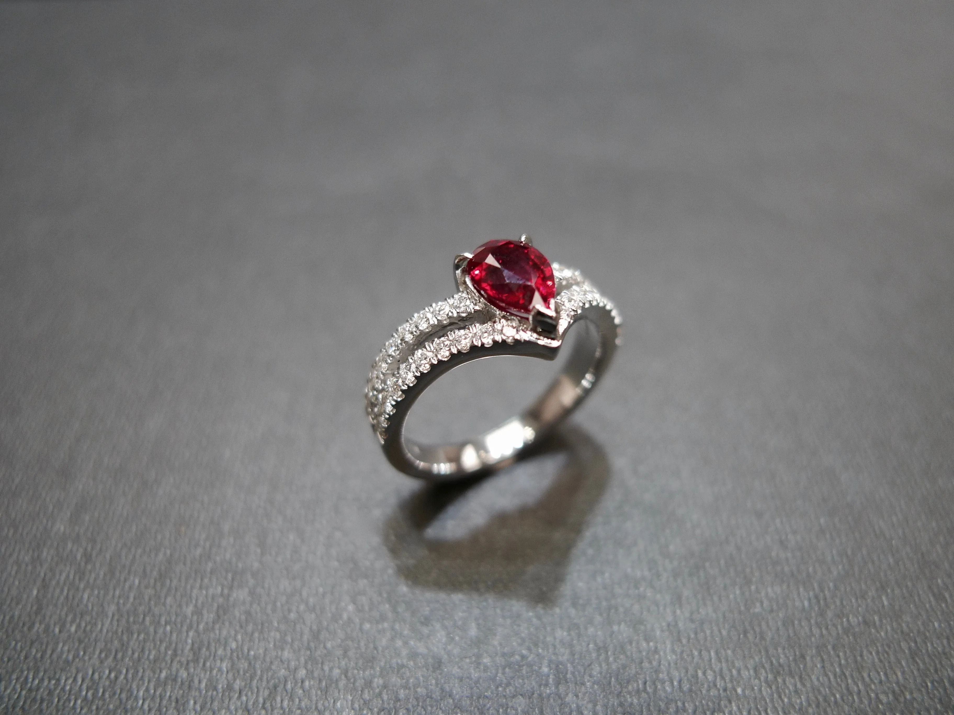 Pear Shaped Ruby and Diamond Ring in 18K White Gold