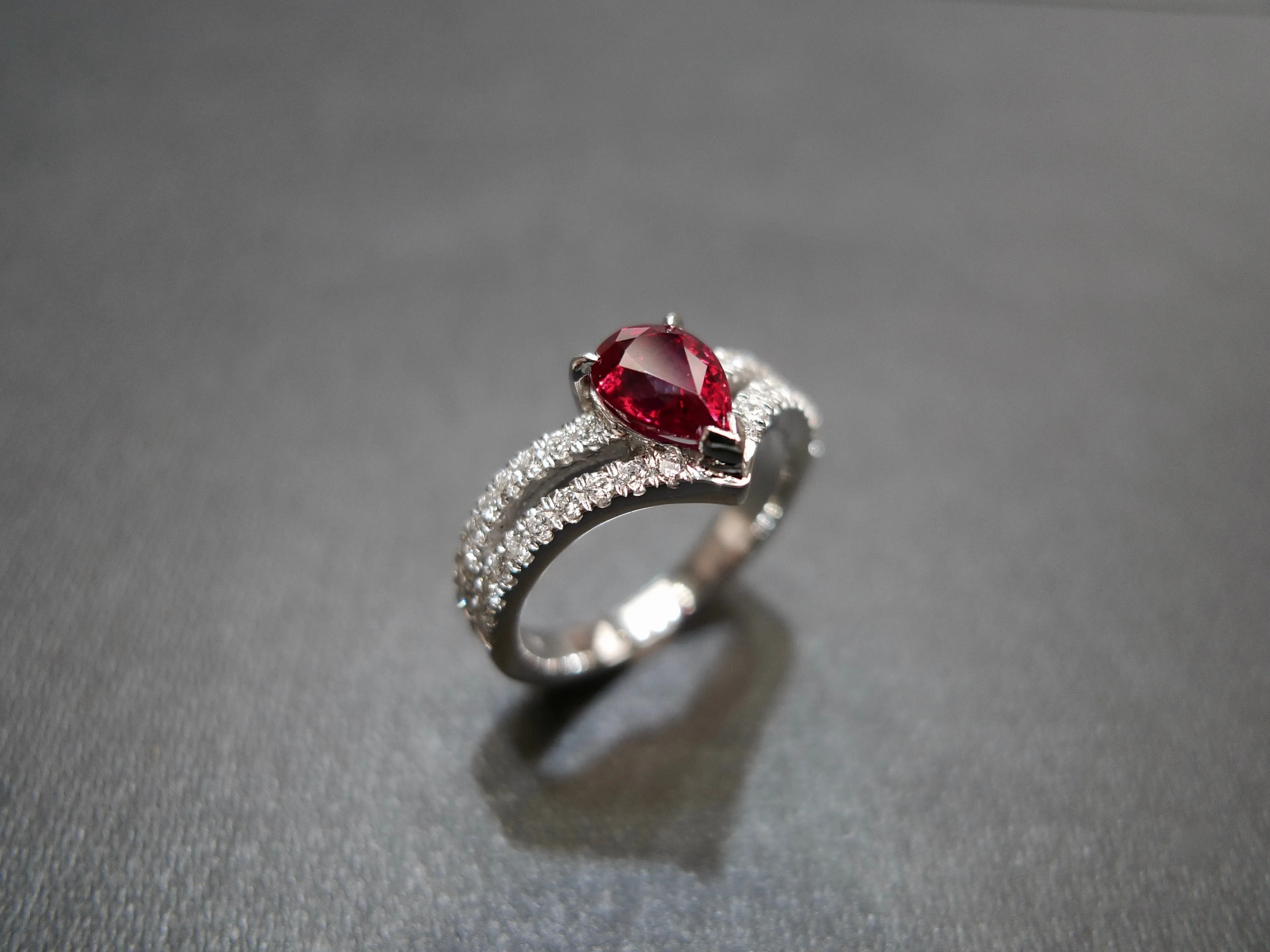 Pear Shaped Ruby and Diamond Ring in 18K White Gold