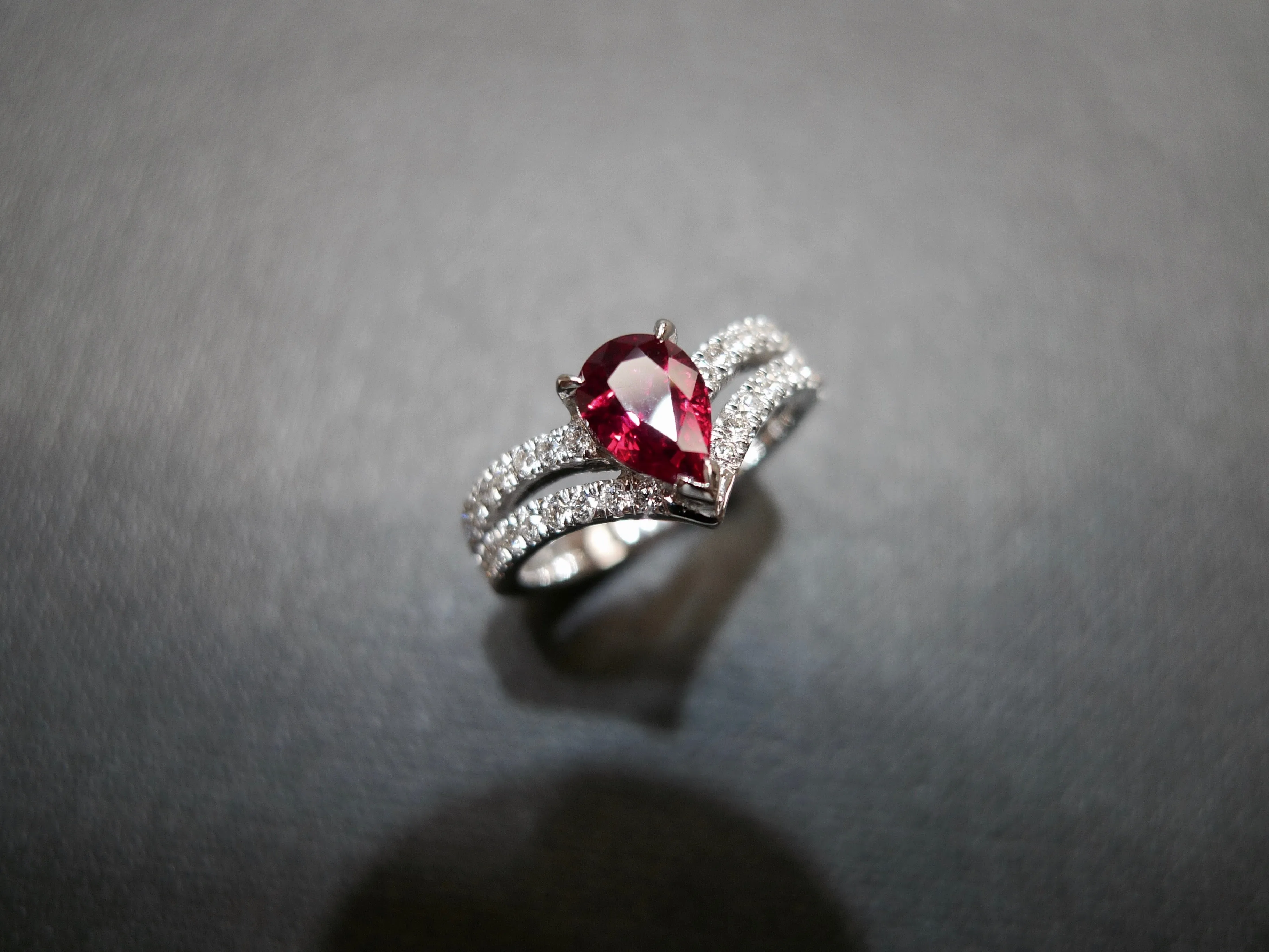 Pear Shaped Ruby and Diamond Ring in 18K White Gold