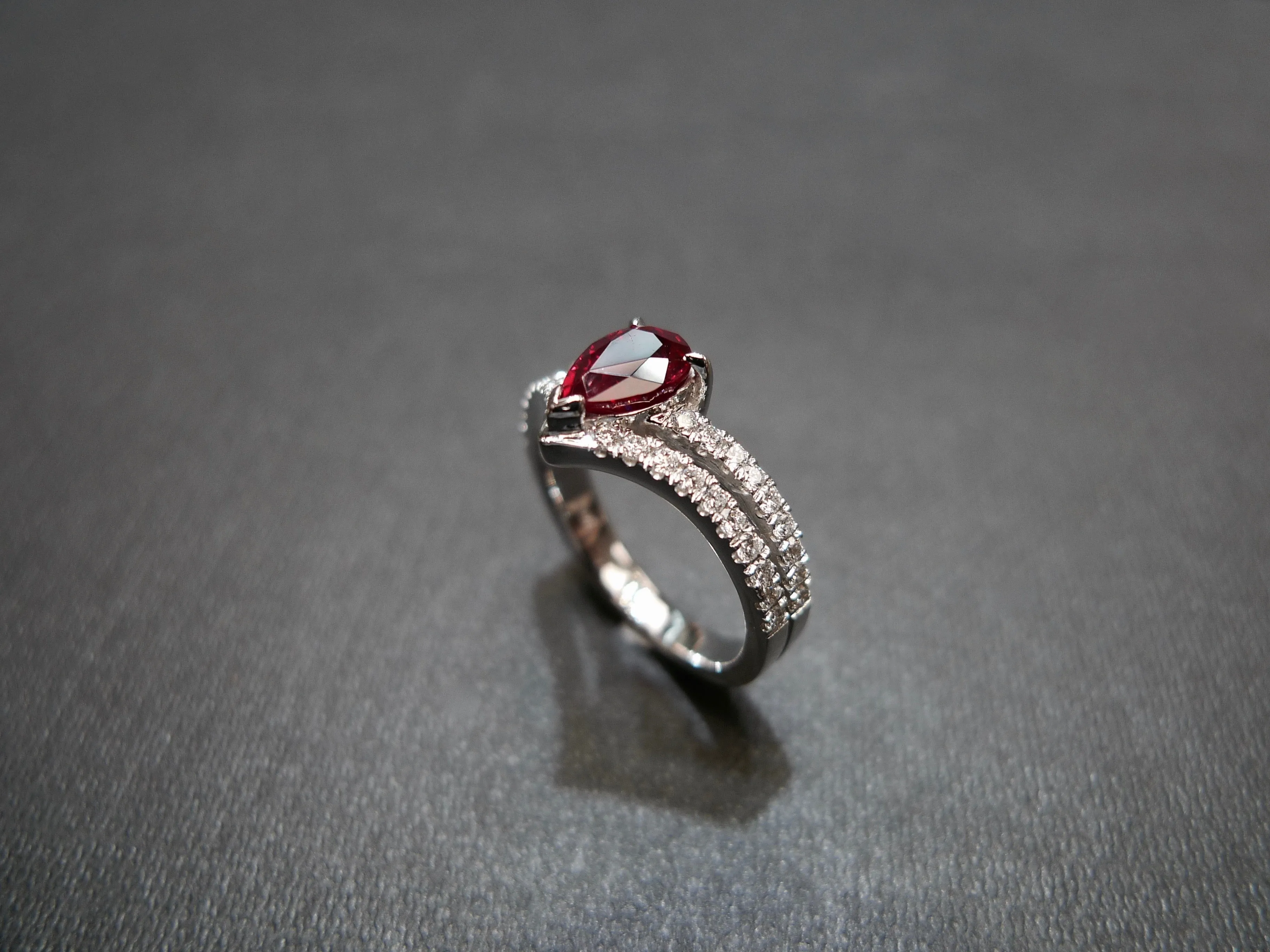 Pear Shaped Ruby and Diamond Ring in 18K White Gold