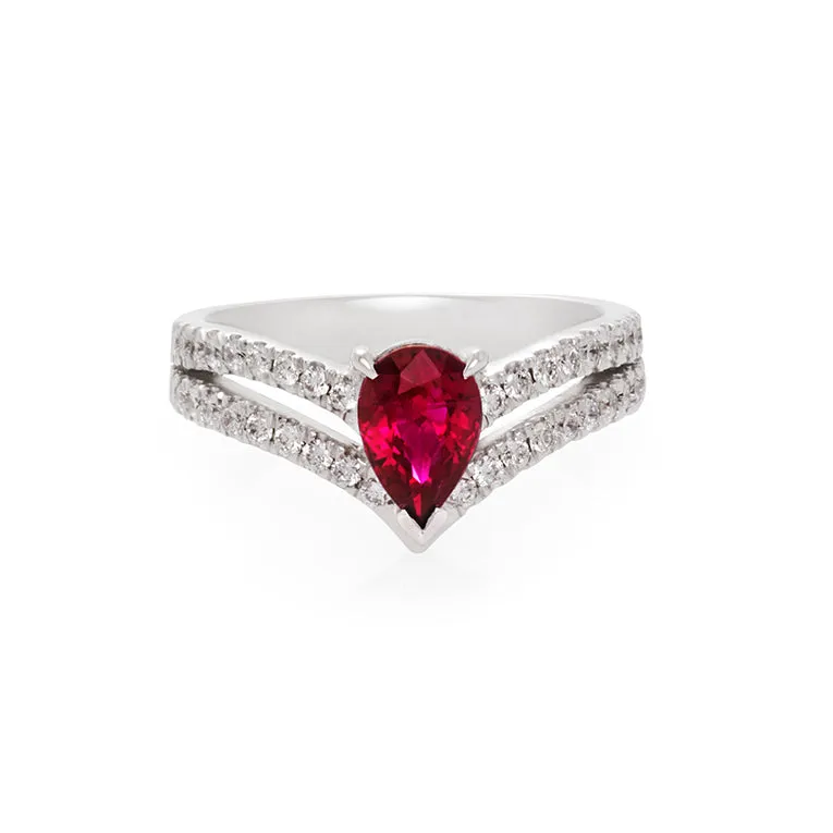 Pear Shaped Ruby and Diamond Ring in 18K White Gold