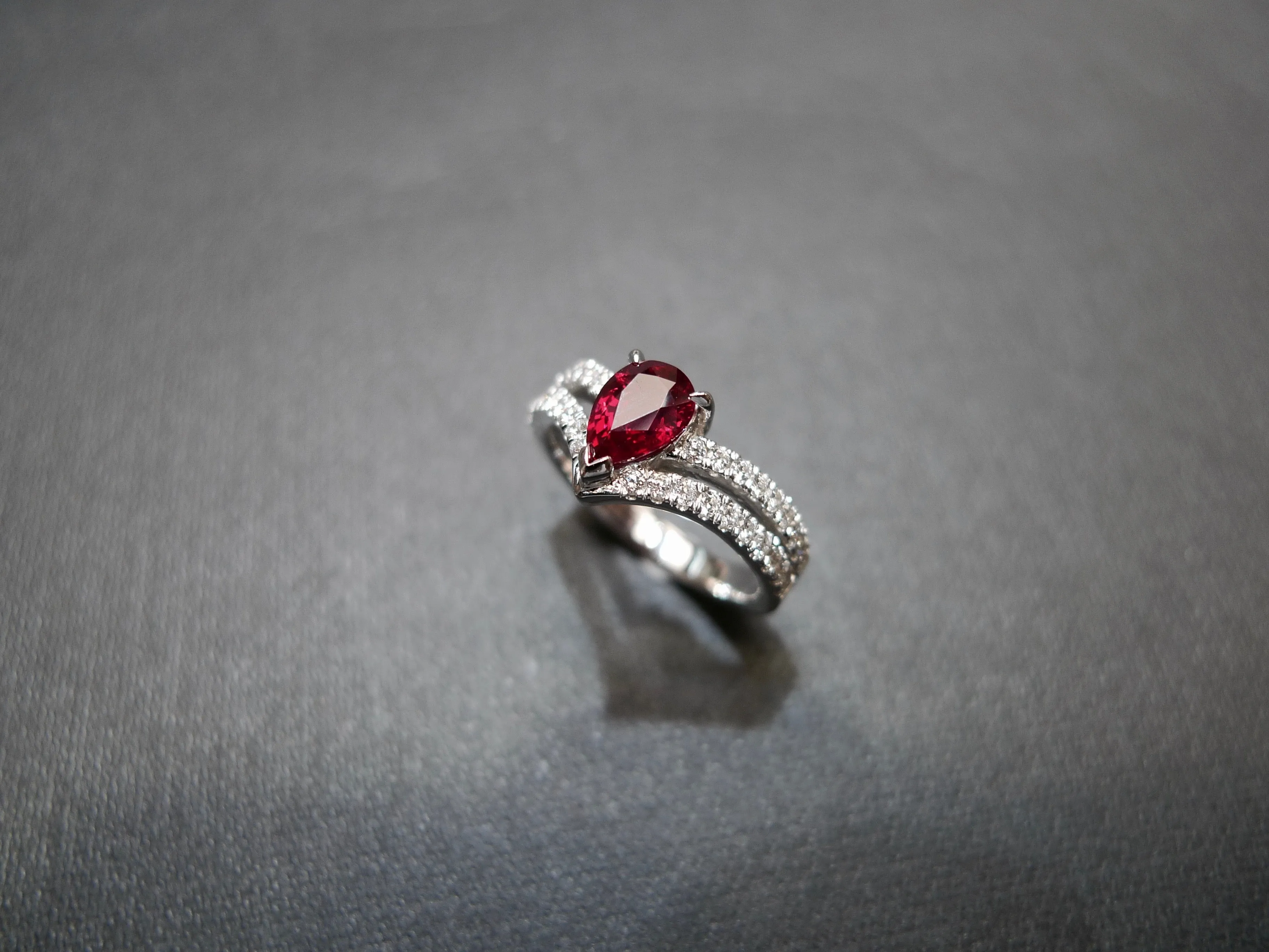Pear Shaped Ruby and Diamond Ring in 18K White Gold