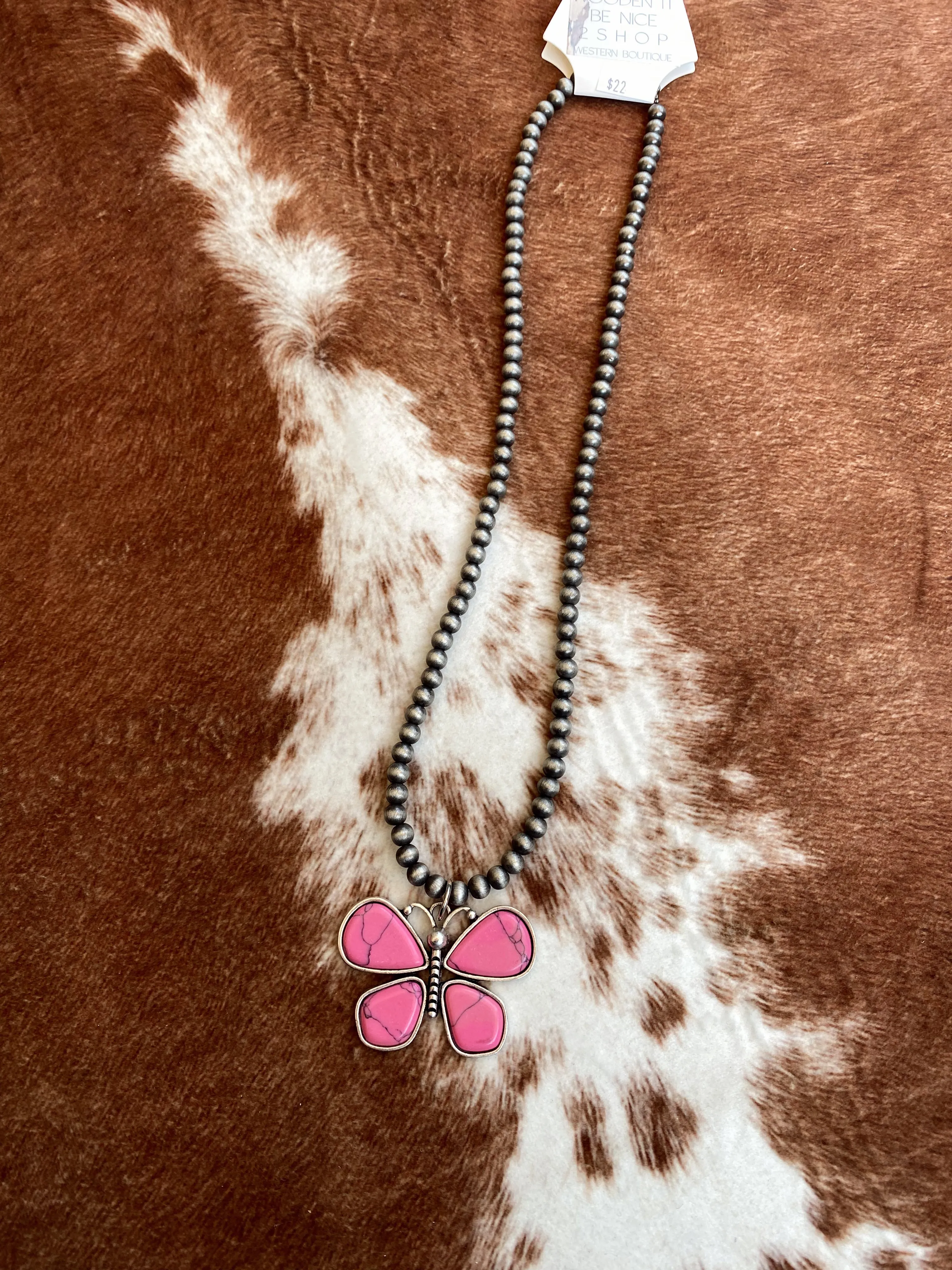 Pink Beaded Butterfly Necklace