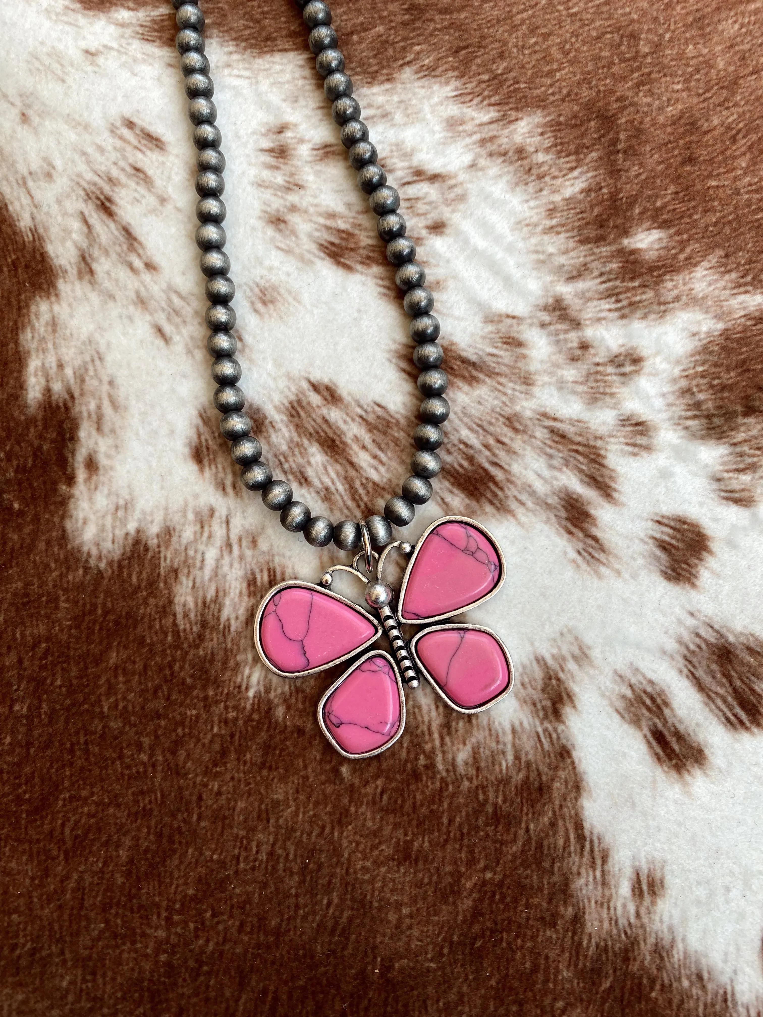 Pink Beaded Butterfly Necklace