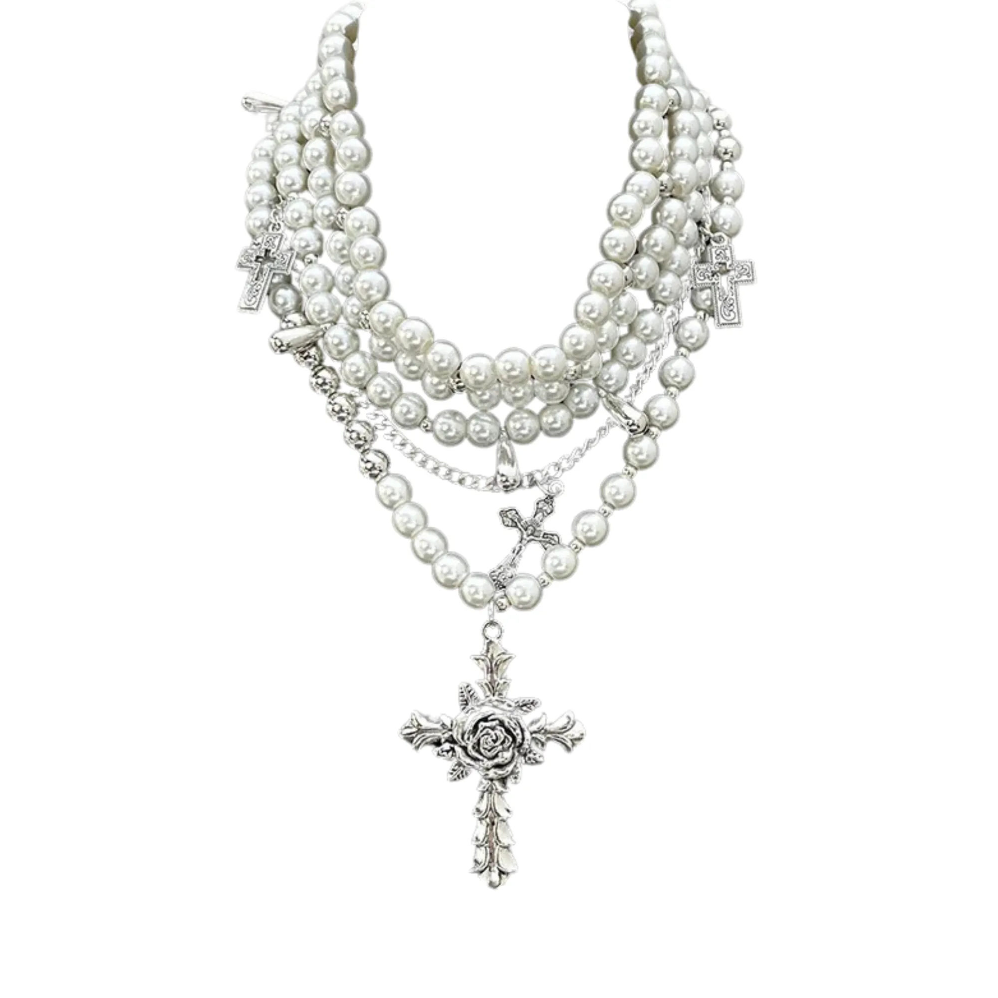 Pre Order:  Rose Cross Faux Pearls Necklace