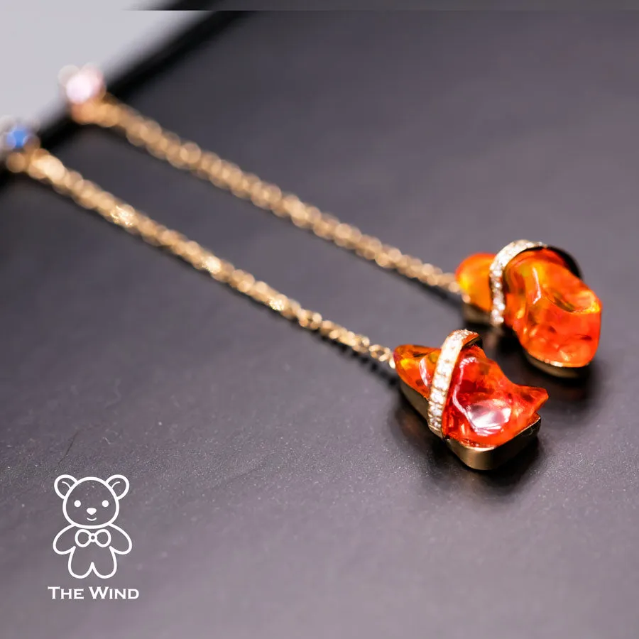 Rare Deep Red Mexican Fire Opal Sapphire Diamond Drop Earrings 18K Yellow Gold