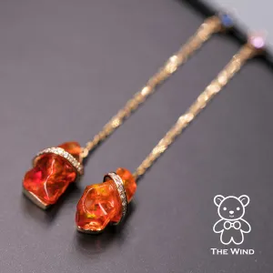 Rare Deep Red Mexican Fire Opal Sapphire Diamond Drop Earrings 18K Yellow Gold