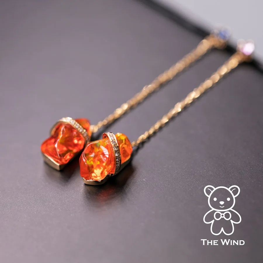 Rare Deep Red Mexican Fire Opal Sapphire Diamond Drop Earrings 18K Yellow Gold