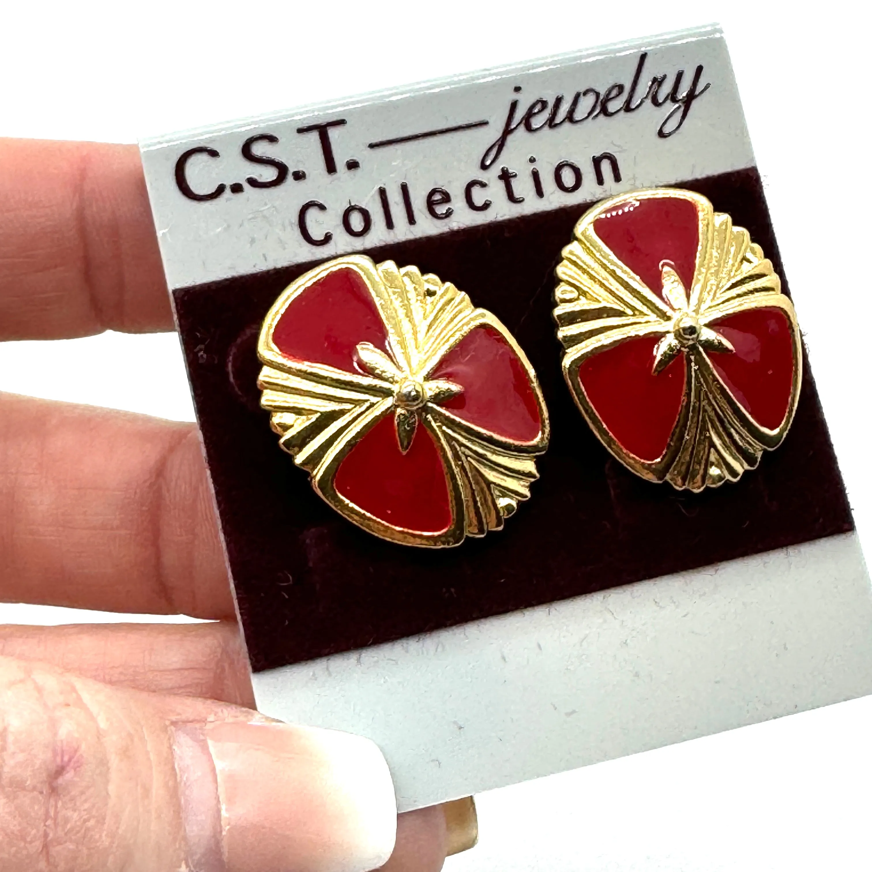 Red & Gold Shield Stud Earrings - Kooky Deadstock Earrings *Final Sale