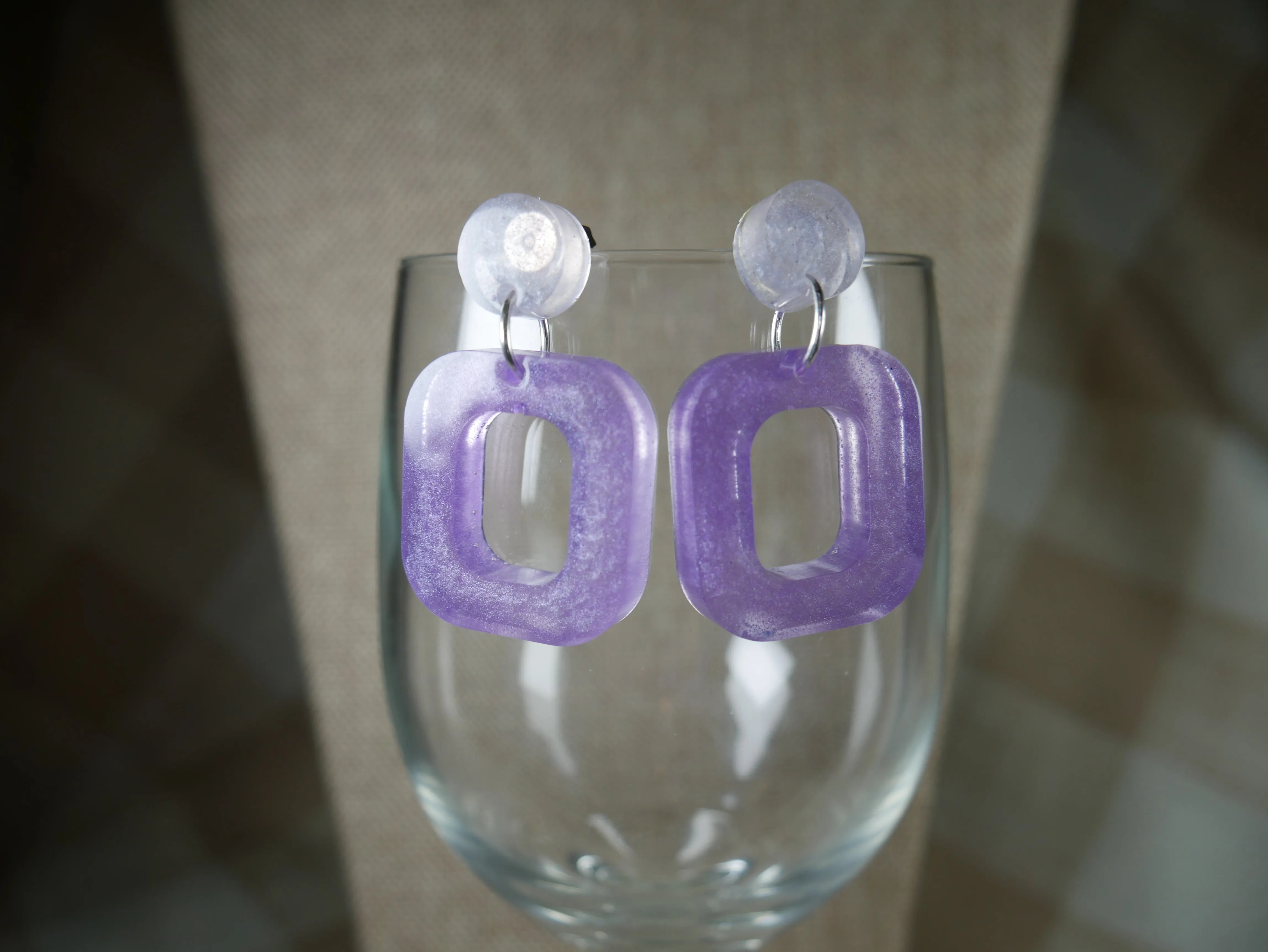 Resin Purple and White Square Earrings