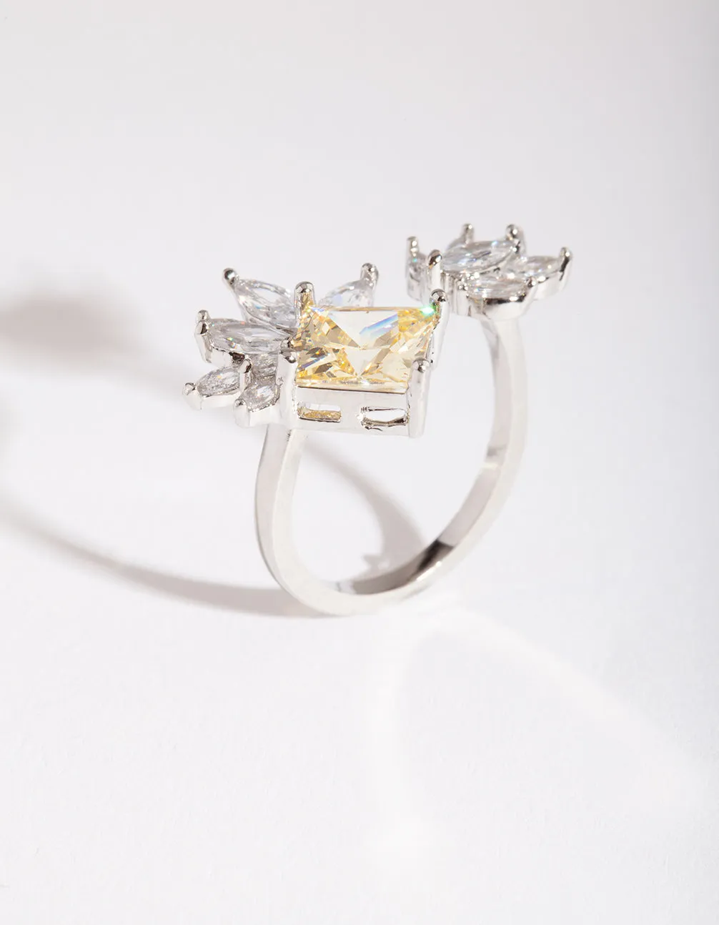 Rhodium Cubic Zirconia Citrine Open Leaf Ring