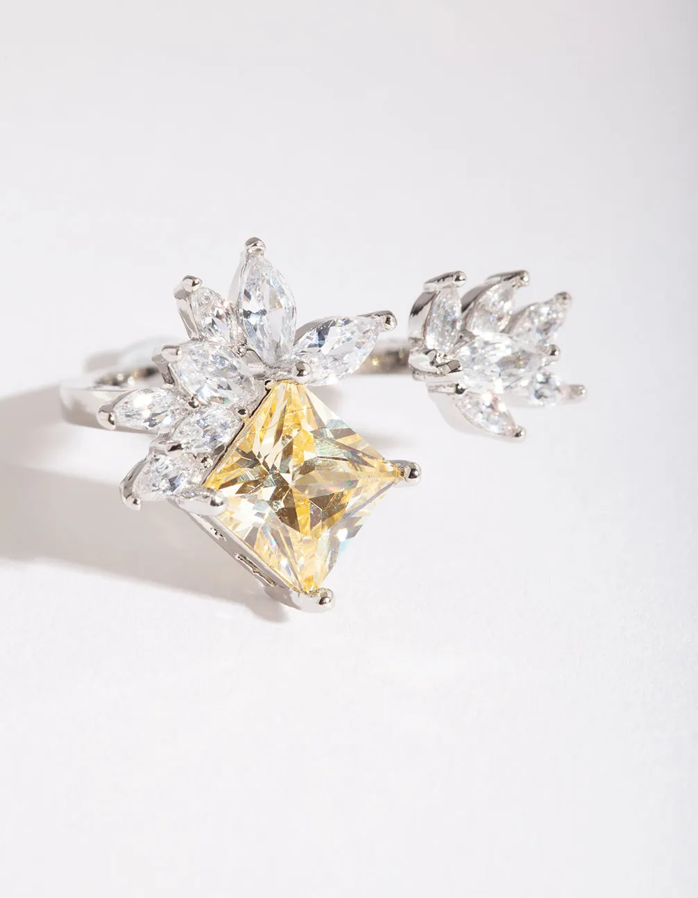Rhodium Cubic Zirconia Citrine Open Leaf Ring