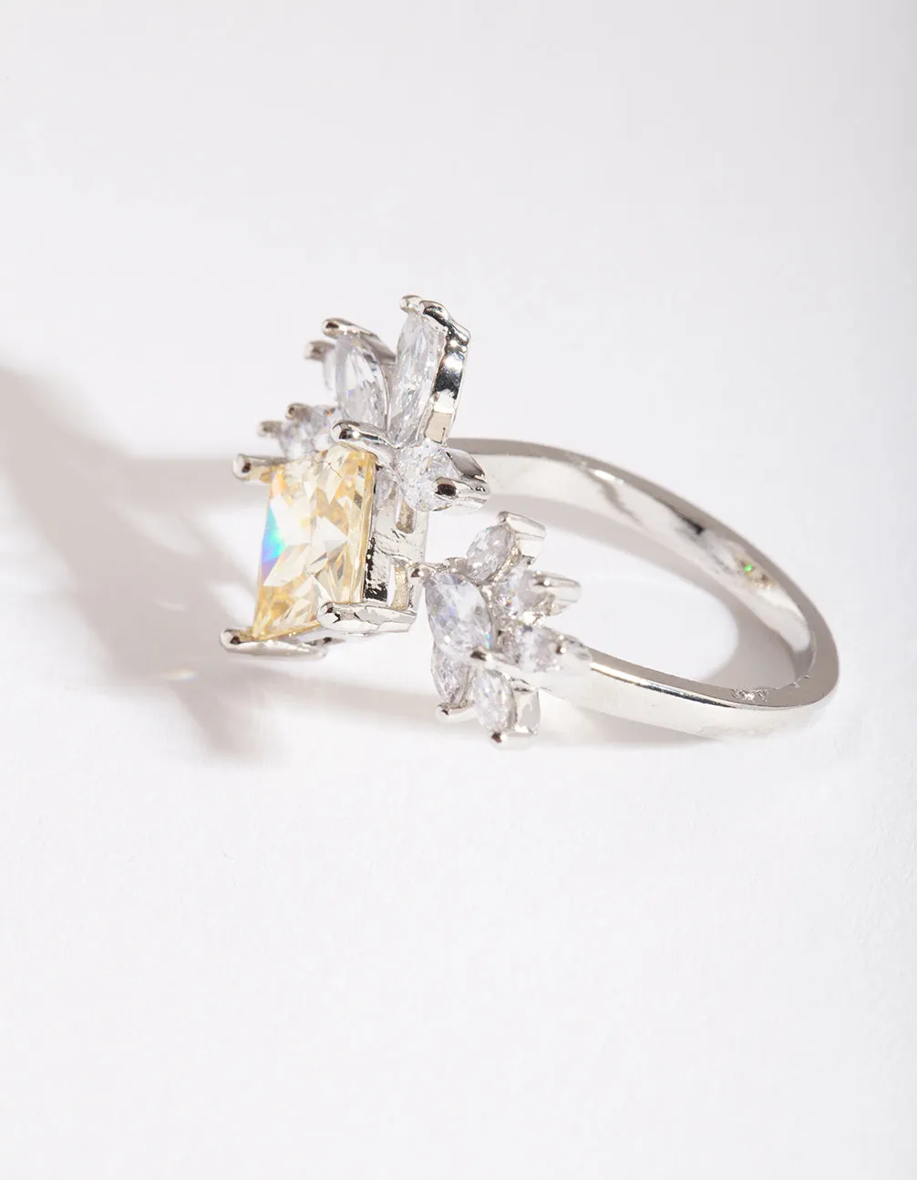 Rhodium Cubic Zirconia Citrine Open Leaf Ring