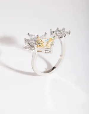 Rhodium Cubic Zirconia Citrine Open Leaf Ring