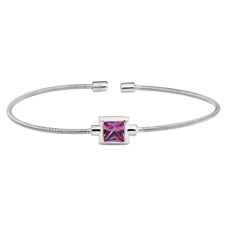 Rhodium Finish Sterling Silver Cable Cuff Bracelet with Princess Cut Simulated Ruby Birth Gem