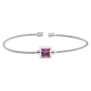 Rhodium Finish Sterling Silver Cable Cuff Bracelet with Princess Cut Simulated Ruby Birth Gem