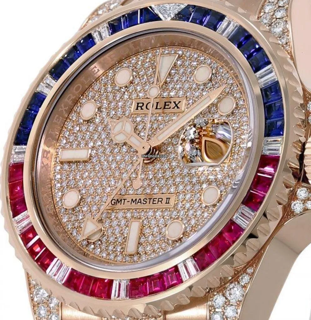 Rolex GMT-Master II Everose Gold/ Full Diamond Paved Dial/ Bracelet Sapphire & Ruby (Ref# 126755SARU)