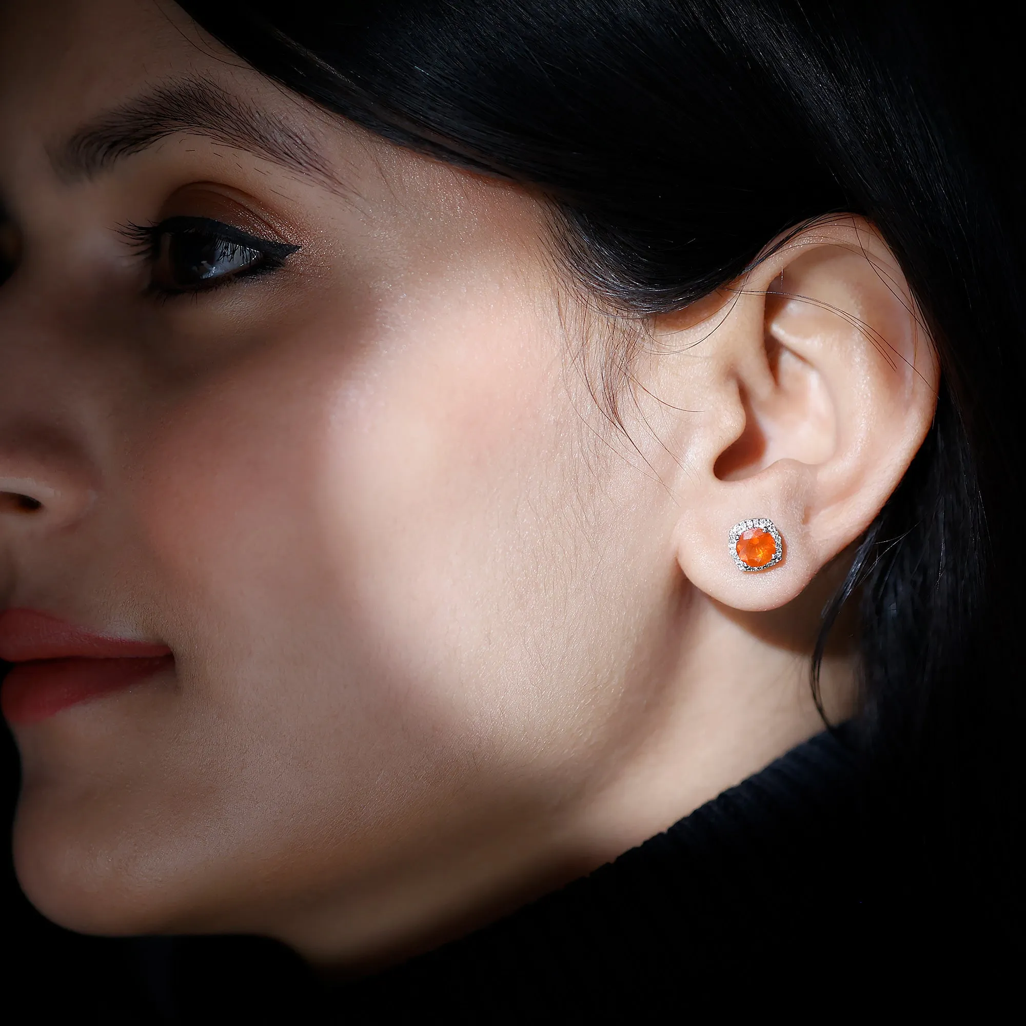 Round Fire Opal and Diamond Halo Stud Earrings