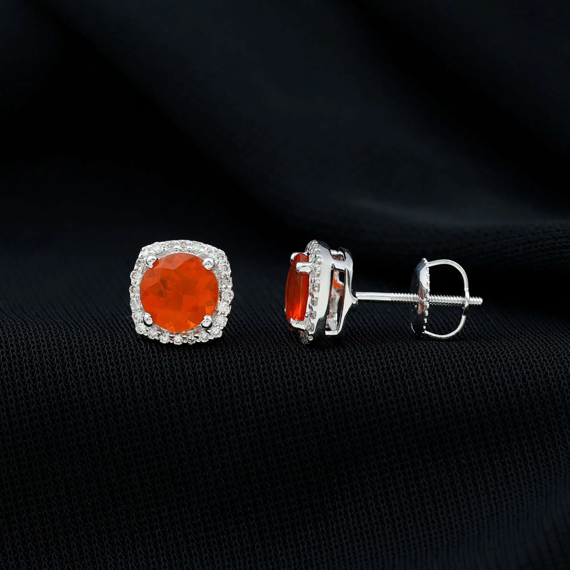 Round Fire Opal and Diamond Halo Stud Earrings