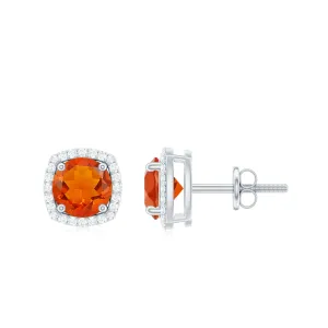 Round Fire Opal and Diamond Halo Stud Earrings